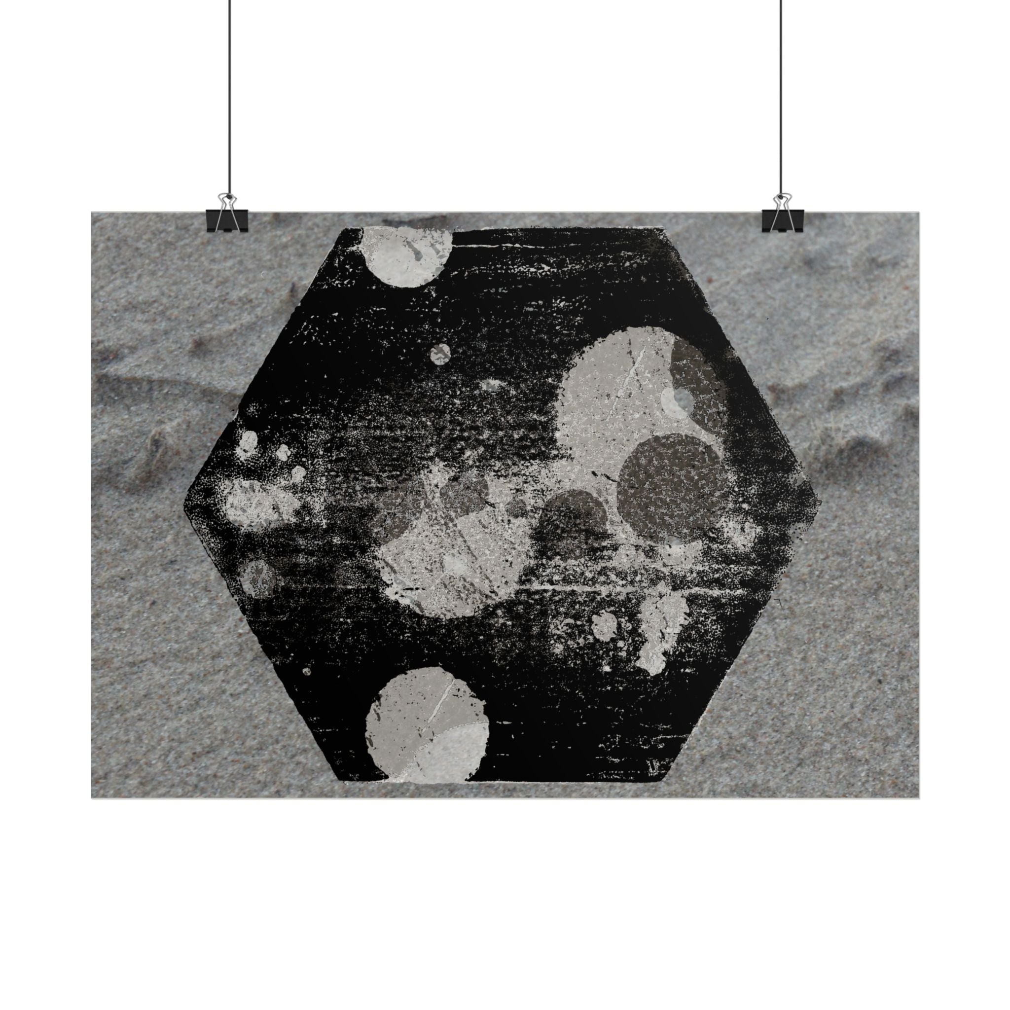 Horizontal Poster — Grunge Hexagon Moonprint (Black & Gray Abstract)