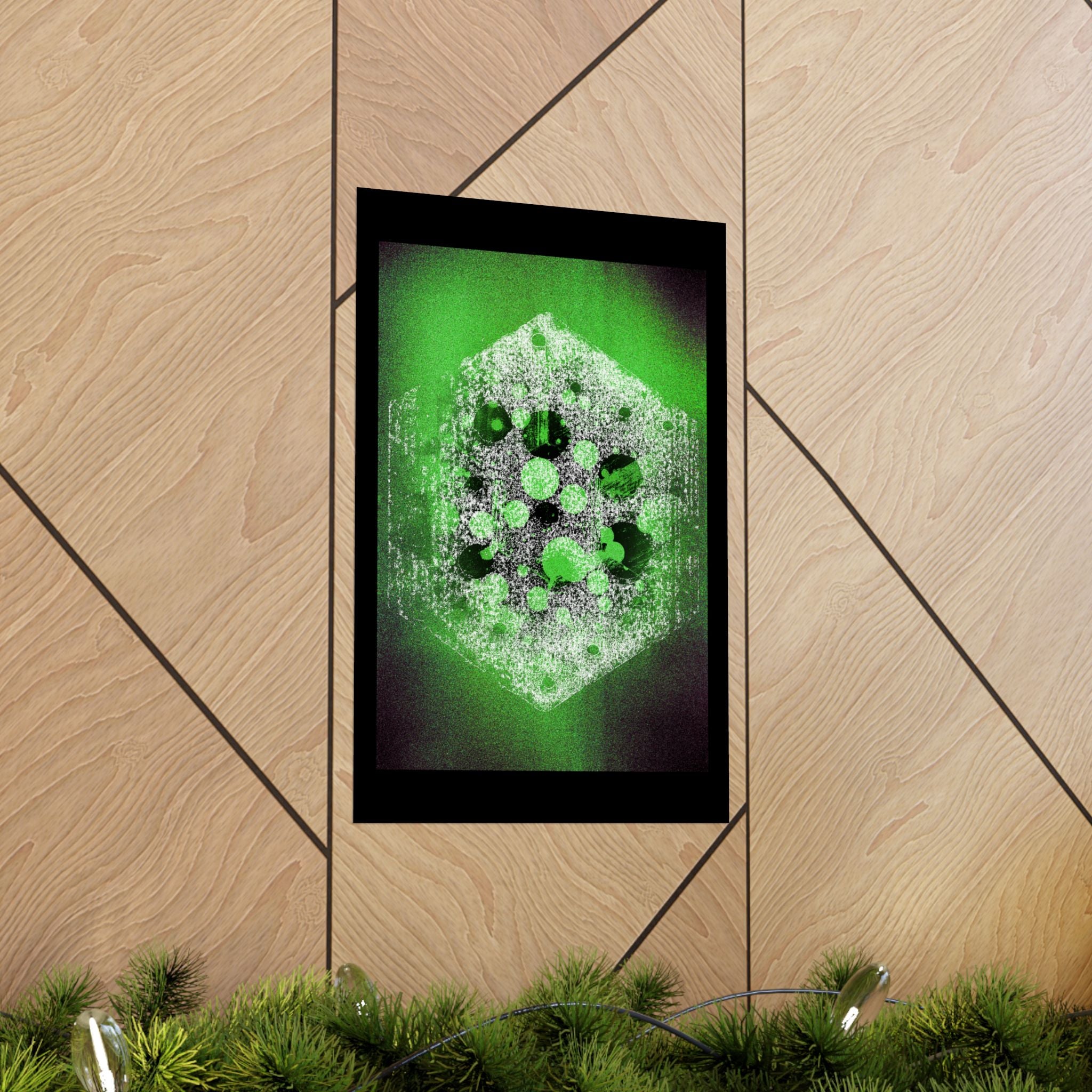 Abstracte poster met groene zeshoek — Neon geometrische kunst, matte verticale print 