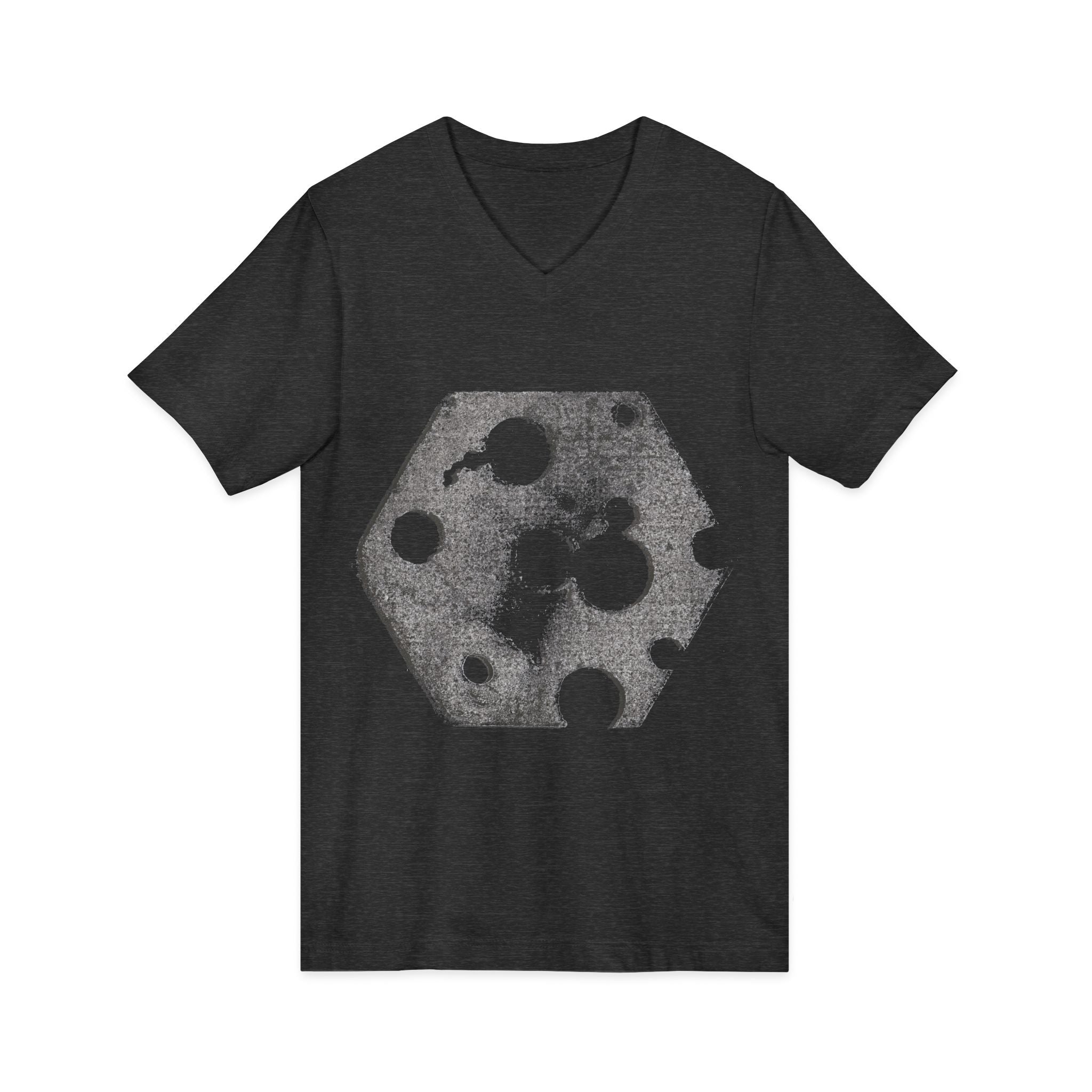Hex Moon Graphic Tee Design Hex12 — Een vintage T-shirt met V-hals en een verweerde Space Cheese-look, geïnspireerd op astronomie.