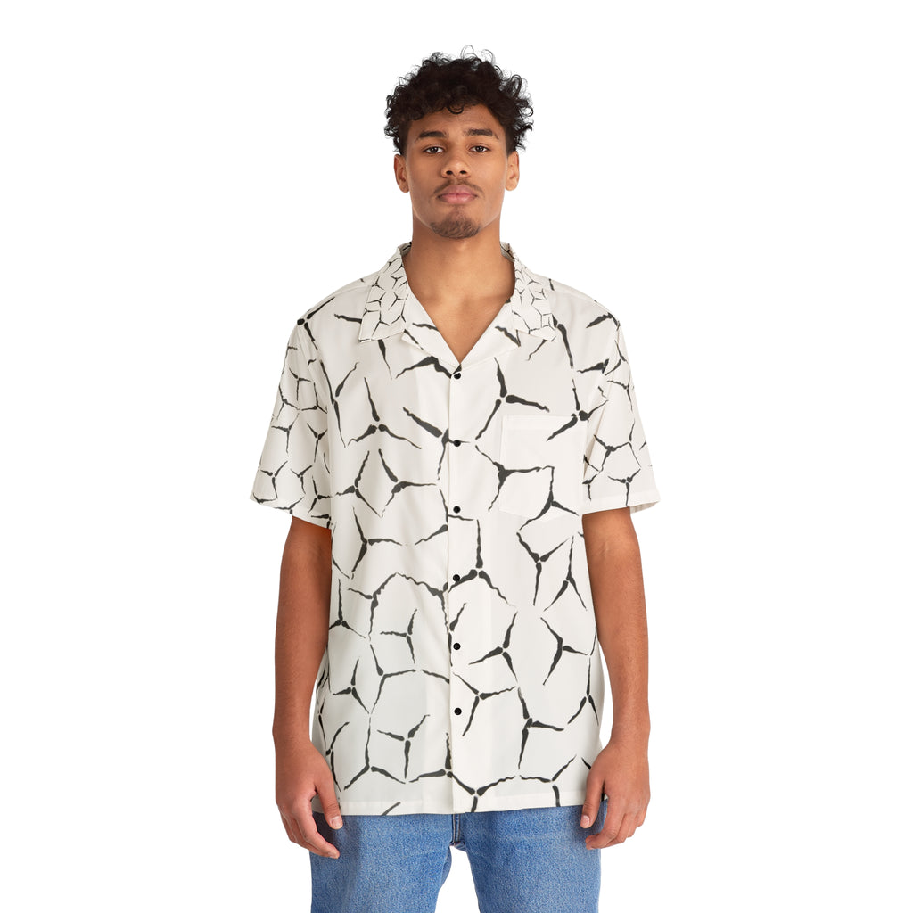 Men's Abstract Geometric Hawaiian Shirt — Black & White Summer Camp Collar