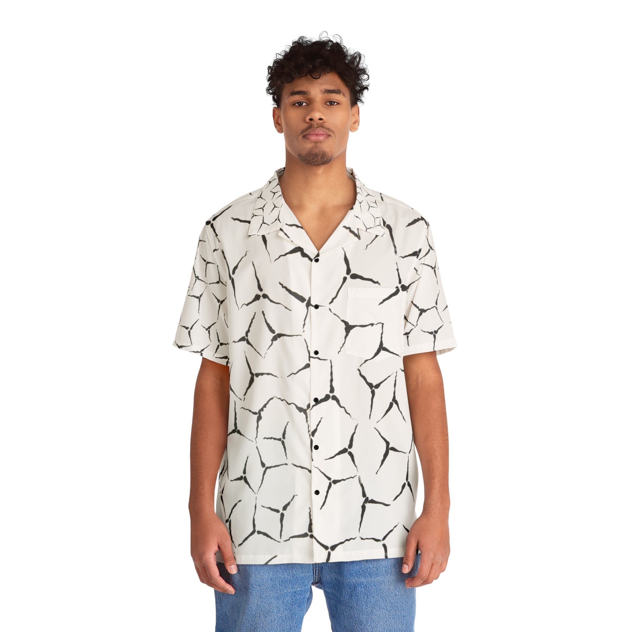 Men's Abstract Geometric Hawaiian Shirt — Black & White Summer Camp Collar