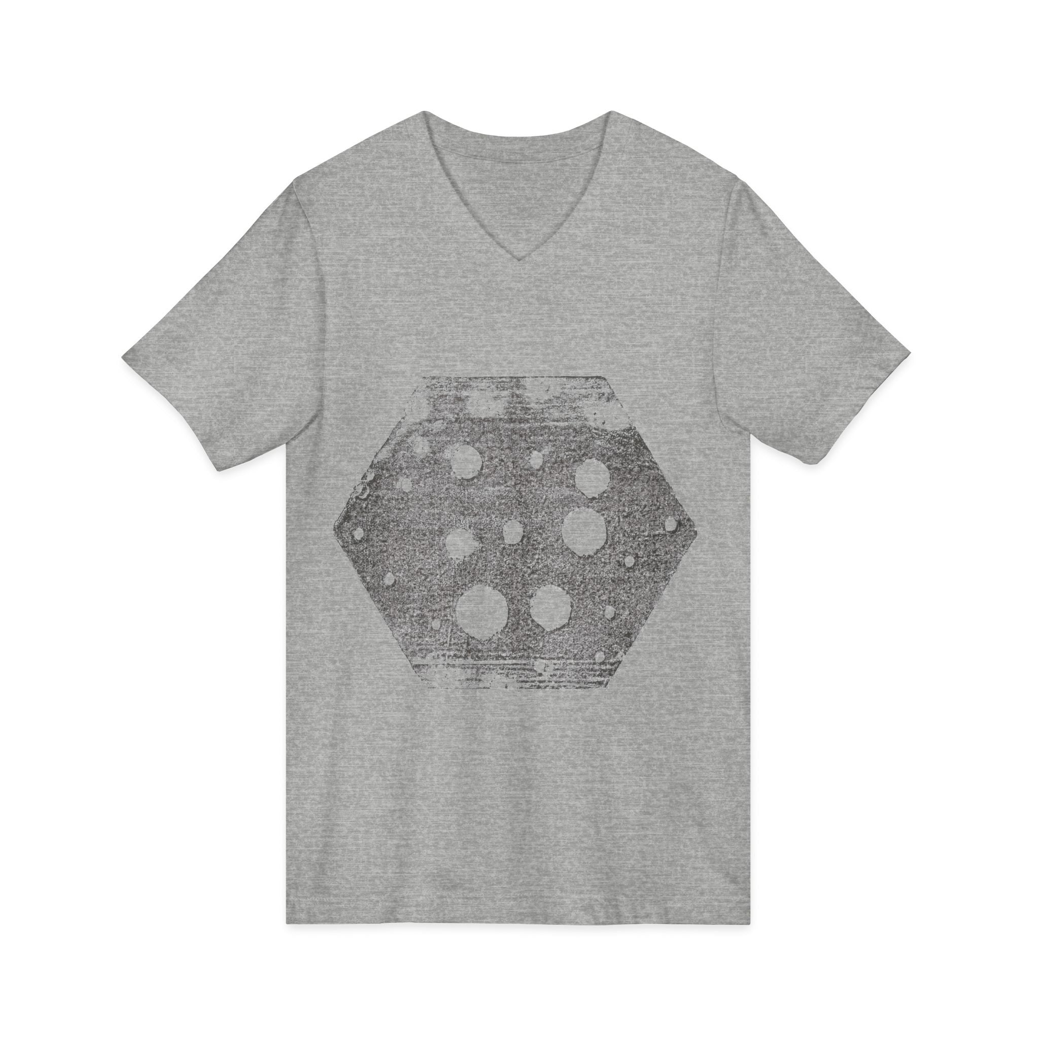 Hex Moon Graphic Tee Design Hex11 — Een vintage T-shirt met V-hals en een verweerde Space Cheese-look, geïnspireerd op astronomie.