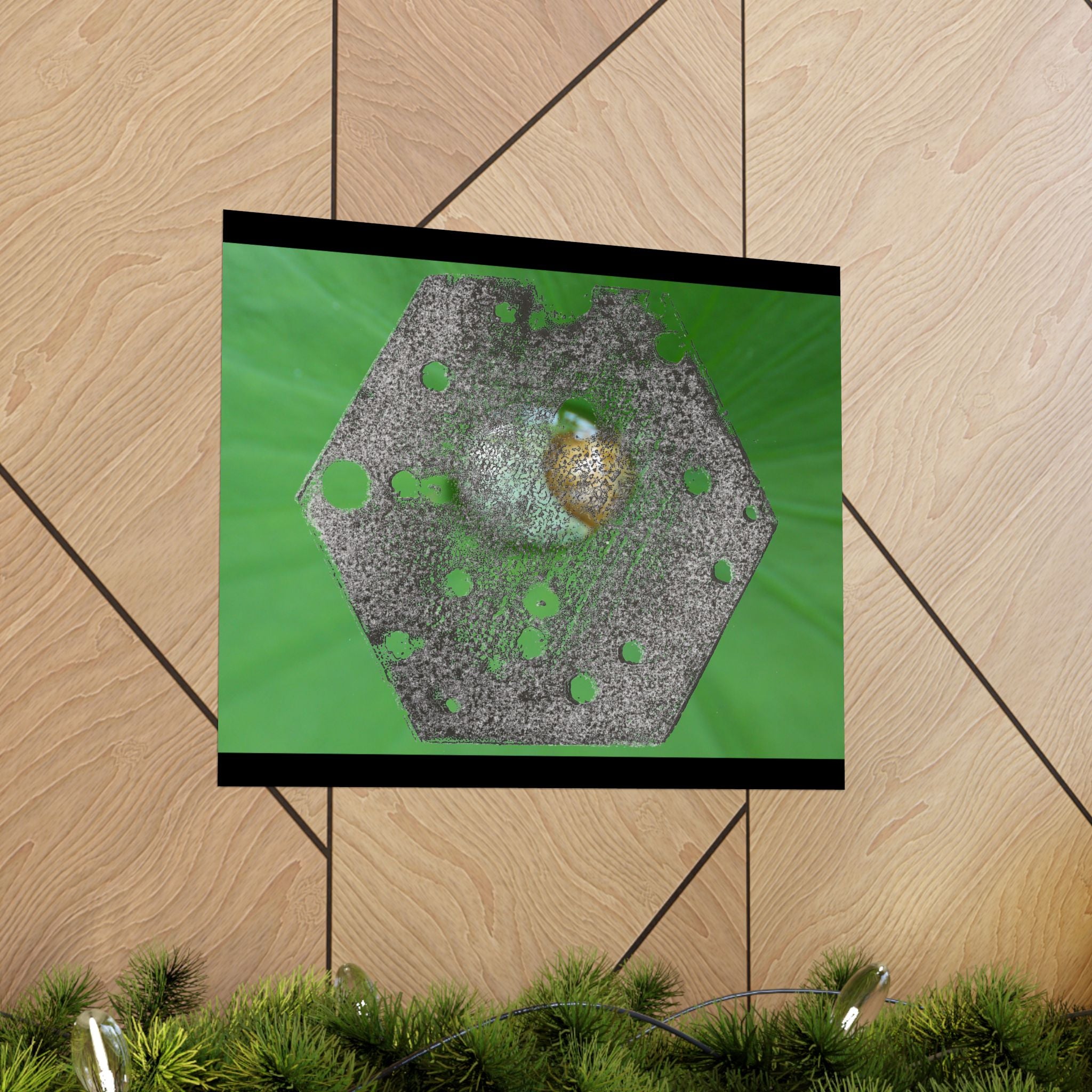Abstracte zeshoekige metalen textuurposter | Matte horizontale poster, groene organische achtergrond 