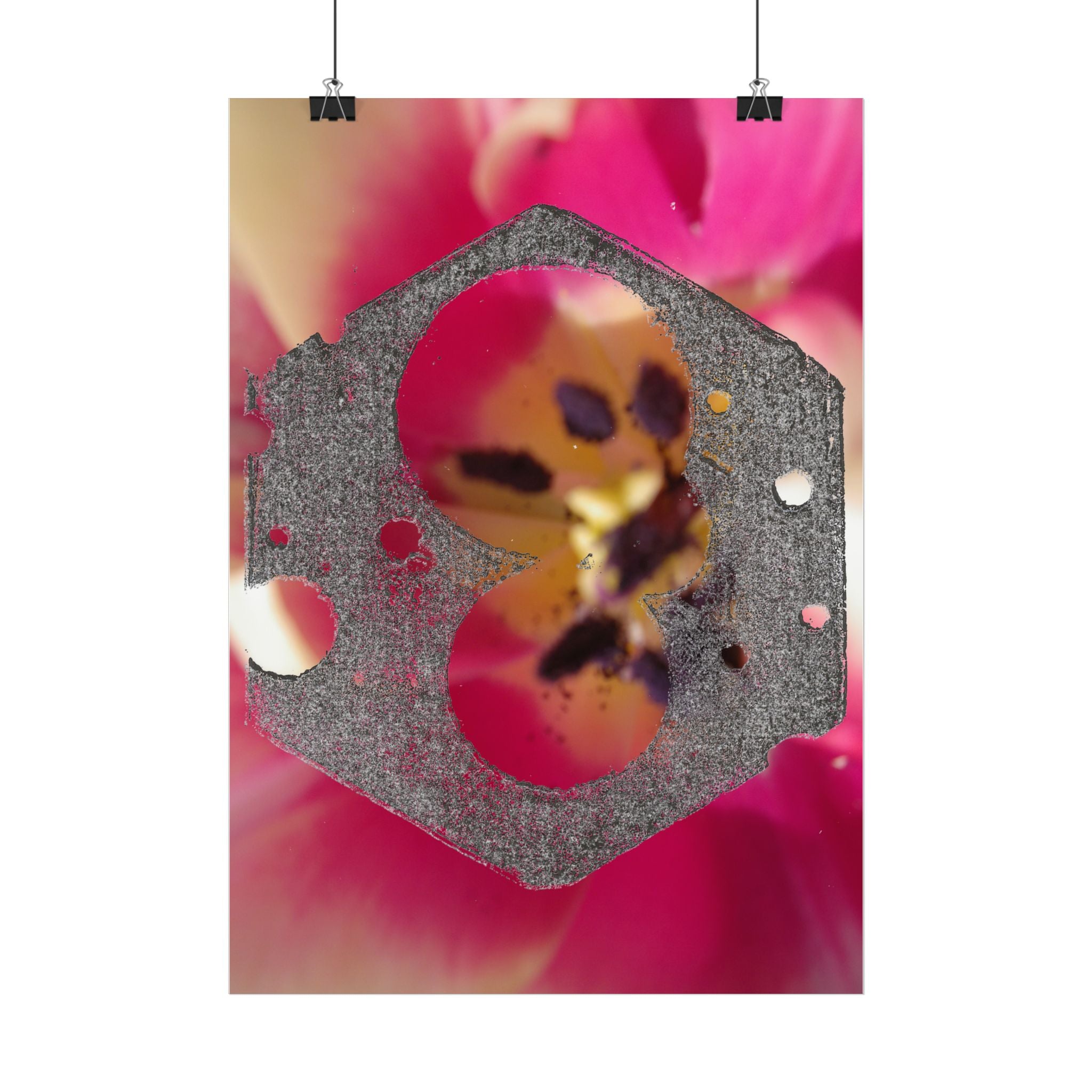 Abstracte bloemenmacroposter met zeshoekige overlay | Bloemenmuurdecoratie