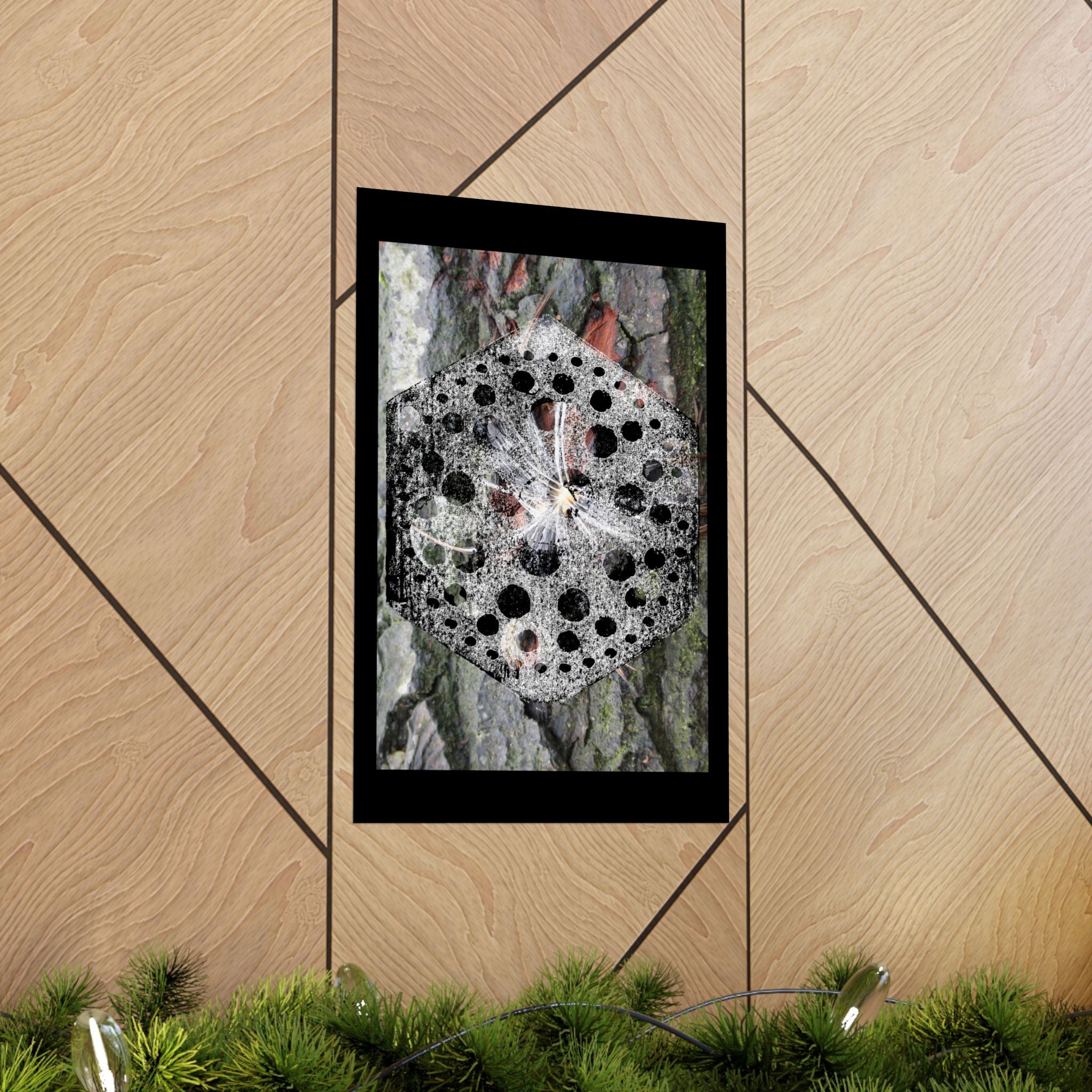 Abstract Nature Mandala Poster — Black & White Fungi Tree Bark Art (Matte Vertical Poster)