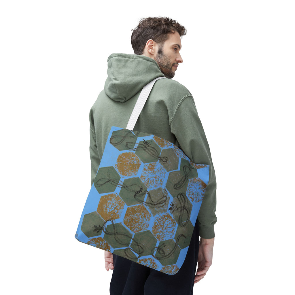Hexagon Honeycomb Tote Bag — Blue Botanical Pattern AOP
