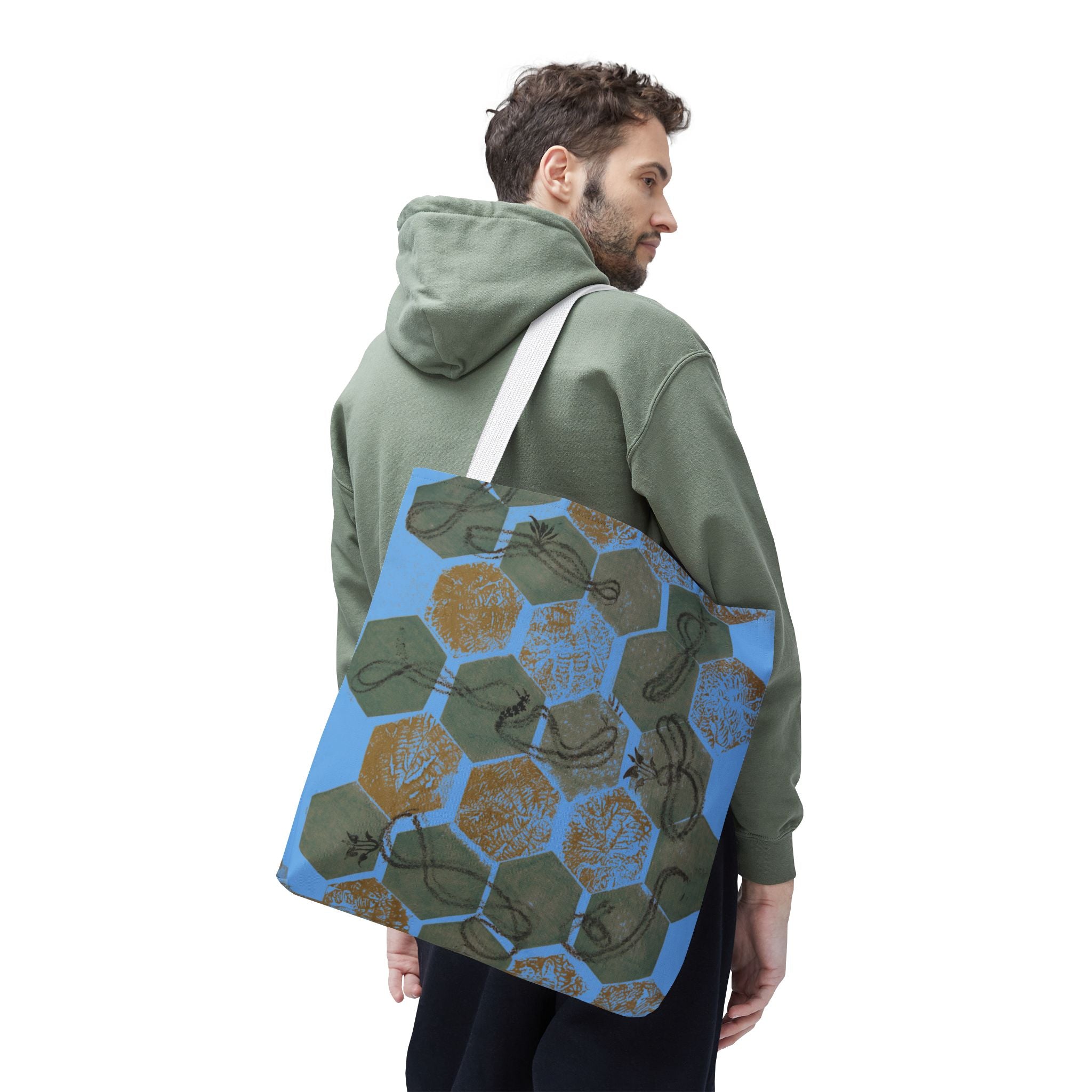 Hexagon Honeycomb Tote Bag — Blue Botanical Pattern AOP