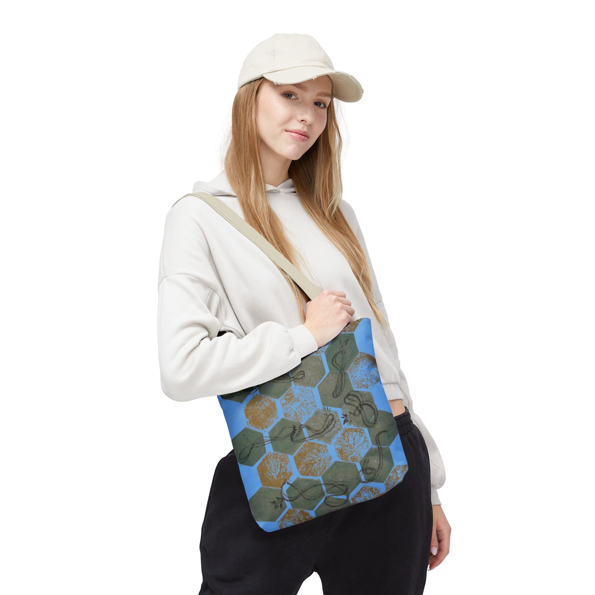 Hexagon Honeycomb Tote Bag — Blue Botanical Pattern AOP