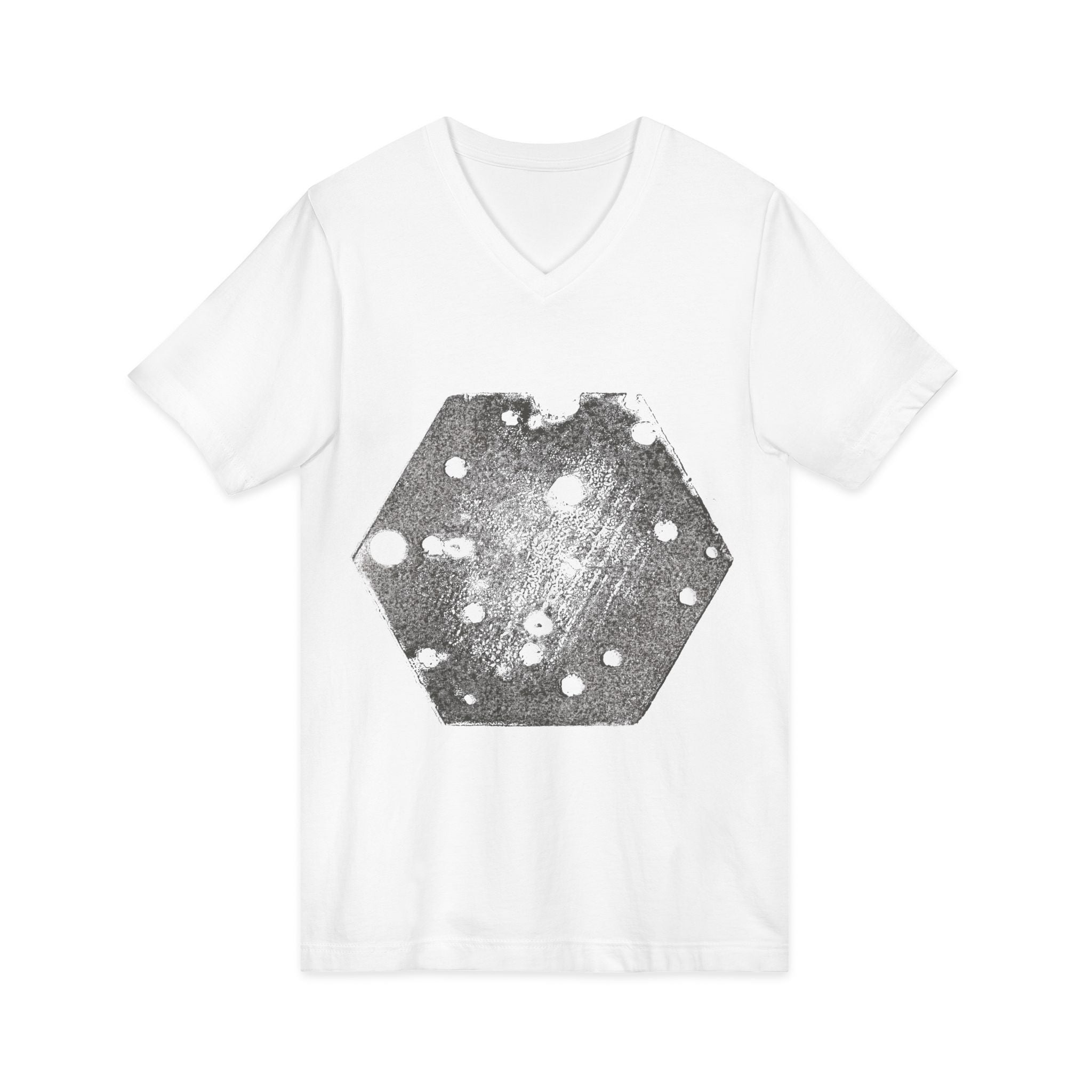 Hex Moon Graphic Tee Design Hex05 — Een vintage T-shirt met V-hals en ruimtekaasmotief, geïnspireerd op astronomie.