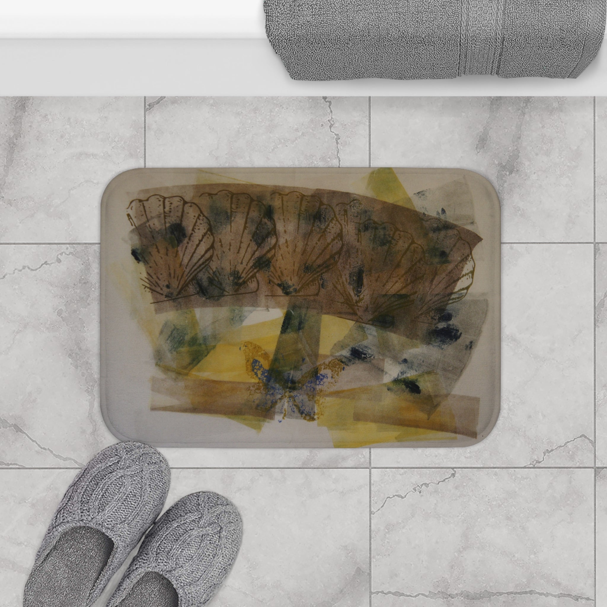 Abstract Botanical Bath Mat — Soft Yellow & Earth Tone Floral Design