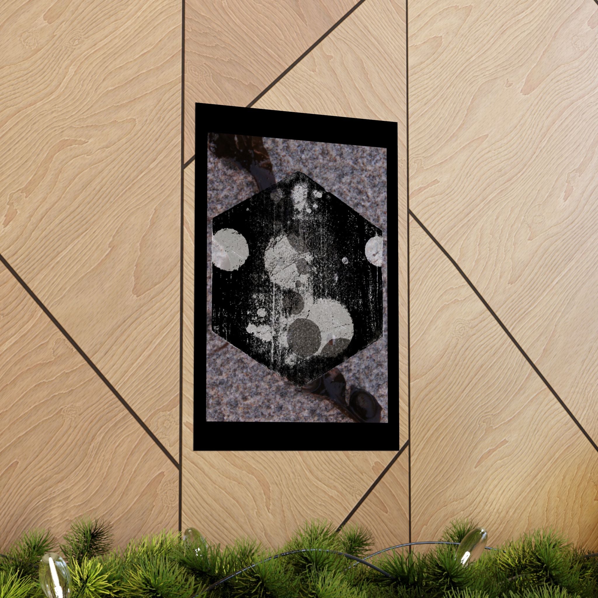 Abstract Hexagon Art Poster — Grunge Black & Gray Matte Vertical Print