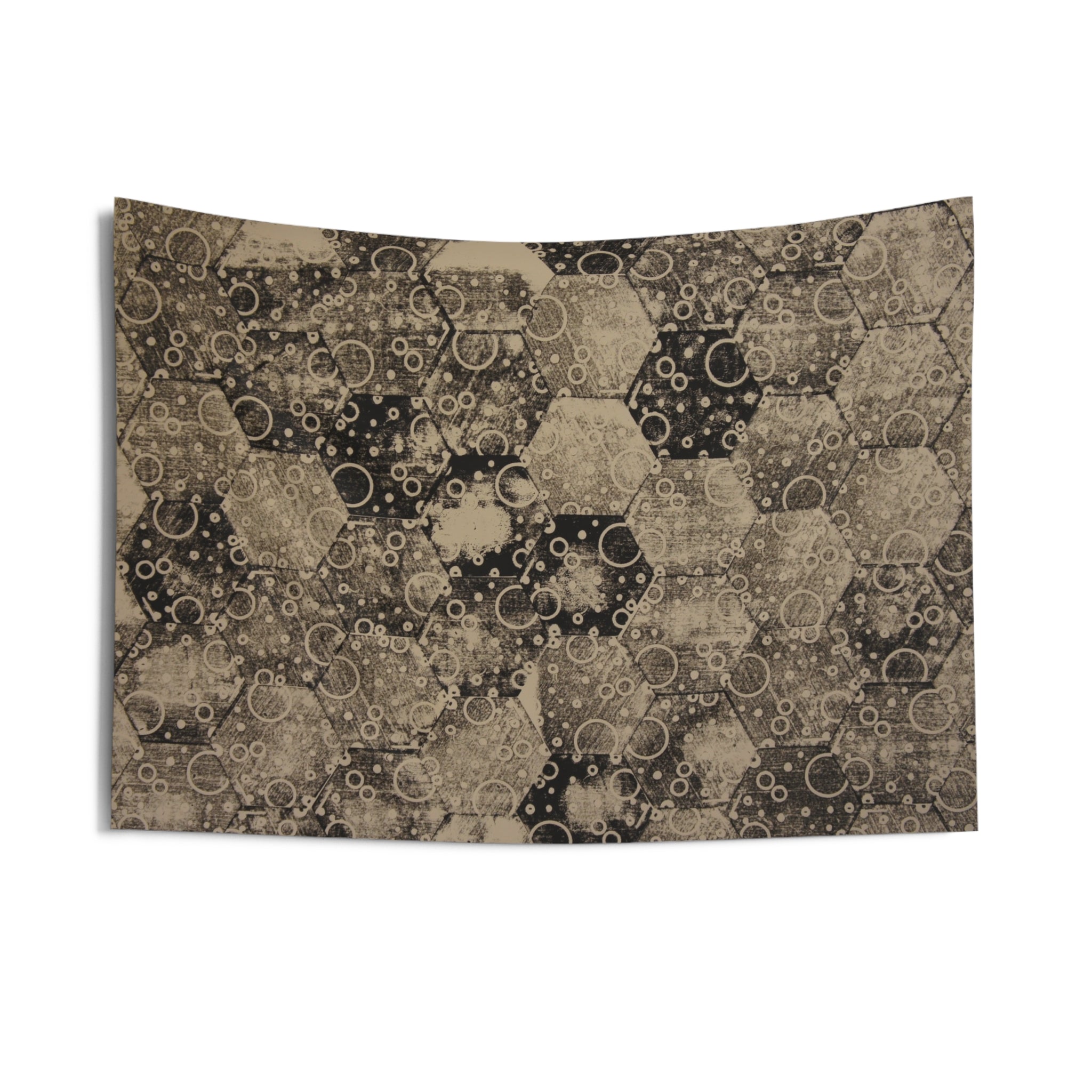 Hexagon Bubble Pattern Wall Tapestry — Vintage Sepia Geometric Decor