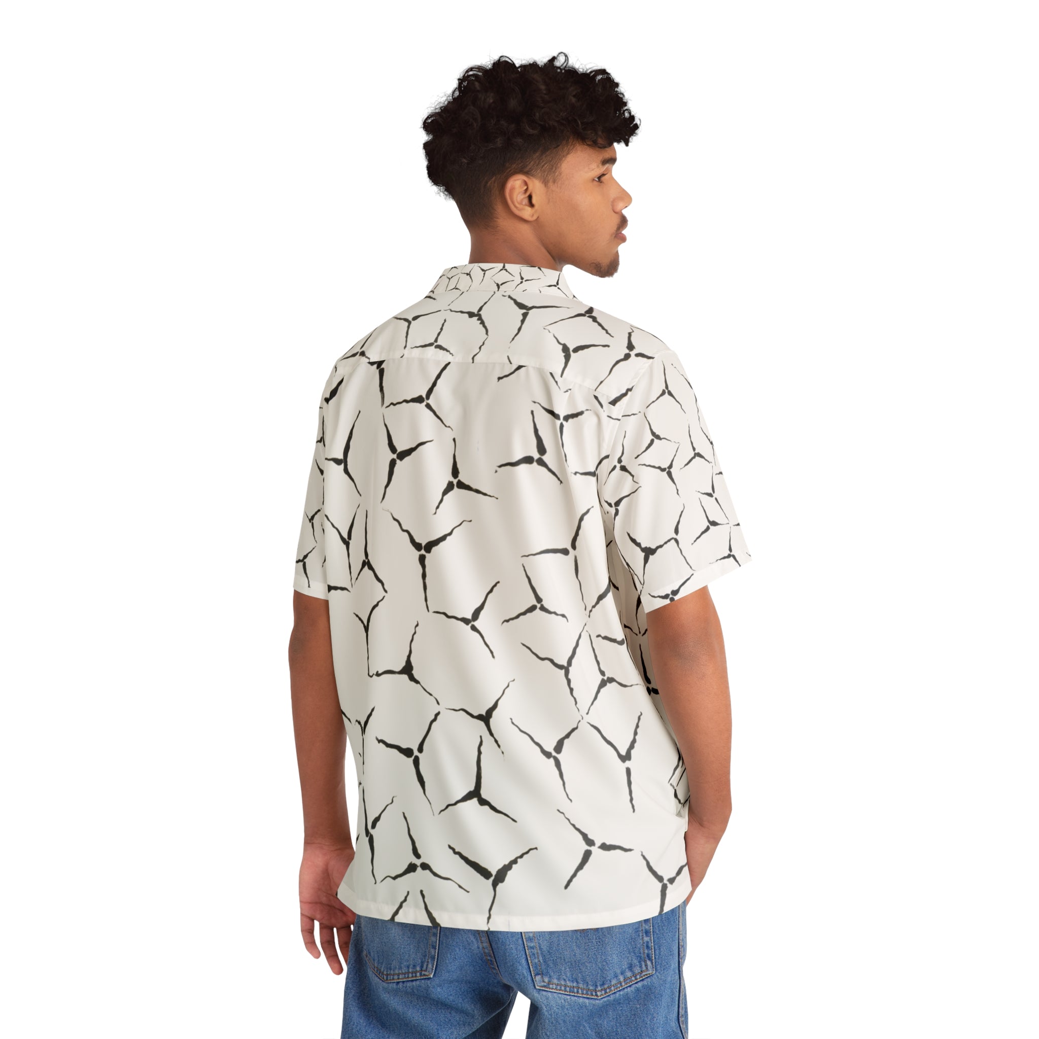 Men's Abstract Geometric Hawaiian Shirt — Black & White Summer Camp Collar