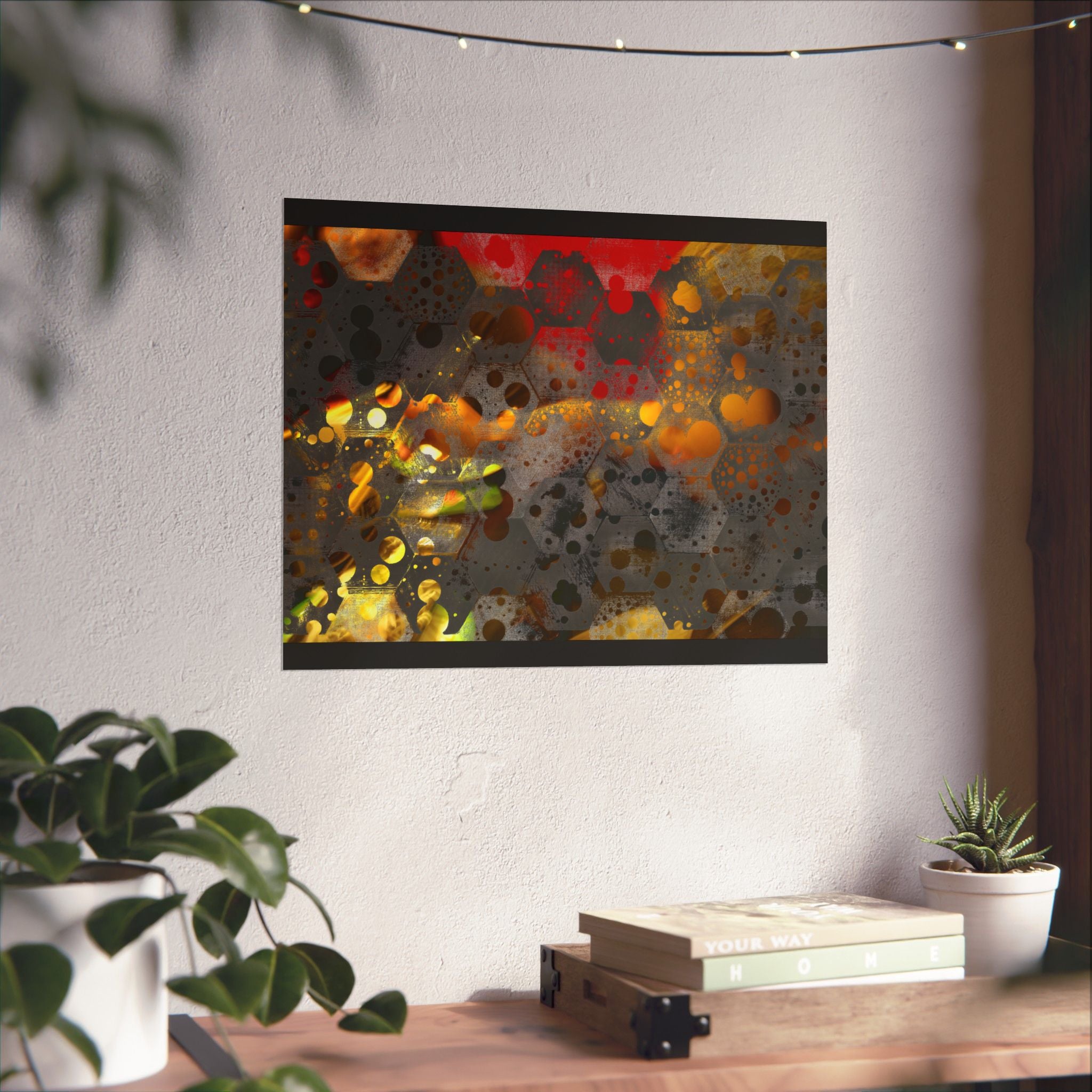 Abstracte matte poster met honingraatpatroon — Geometrische kunst in warme goud- en roesttinten 