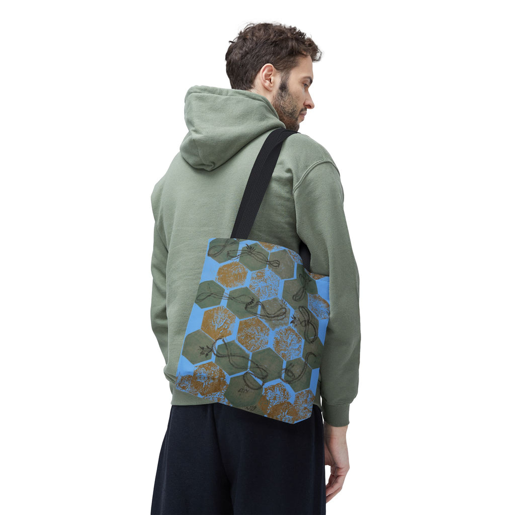 Hexagon Honeycomb Tote Bag — Blue Botanical Pattern AOP
