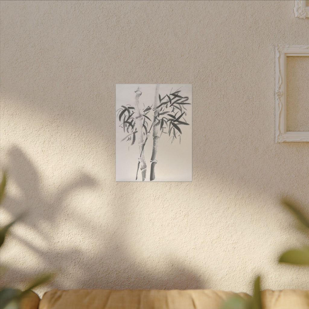 Bamboe-inktschilderij, matte canvasprint — Minimalistische Aziatische muurdecoratie 