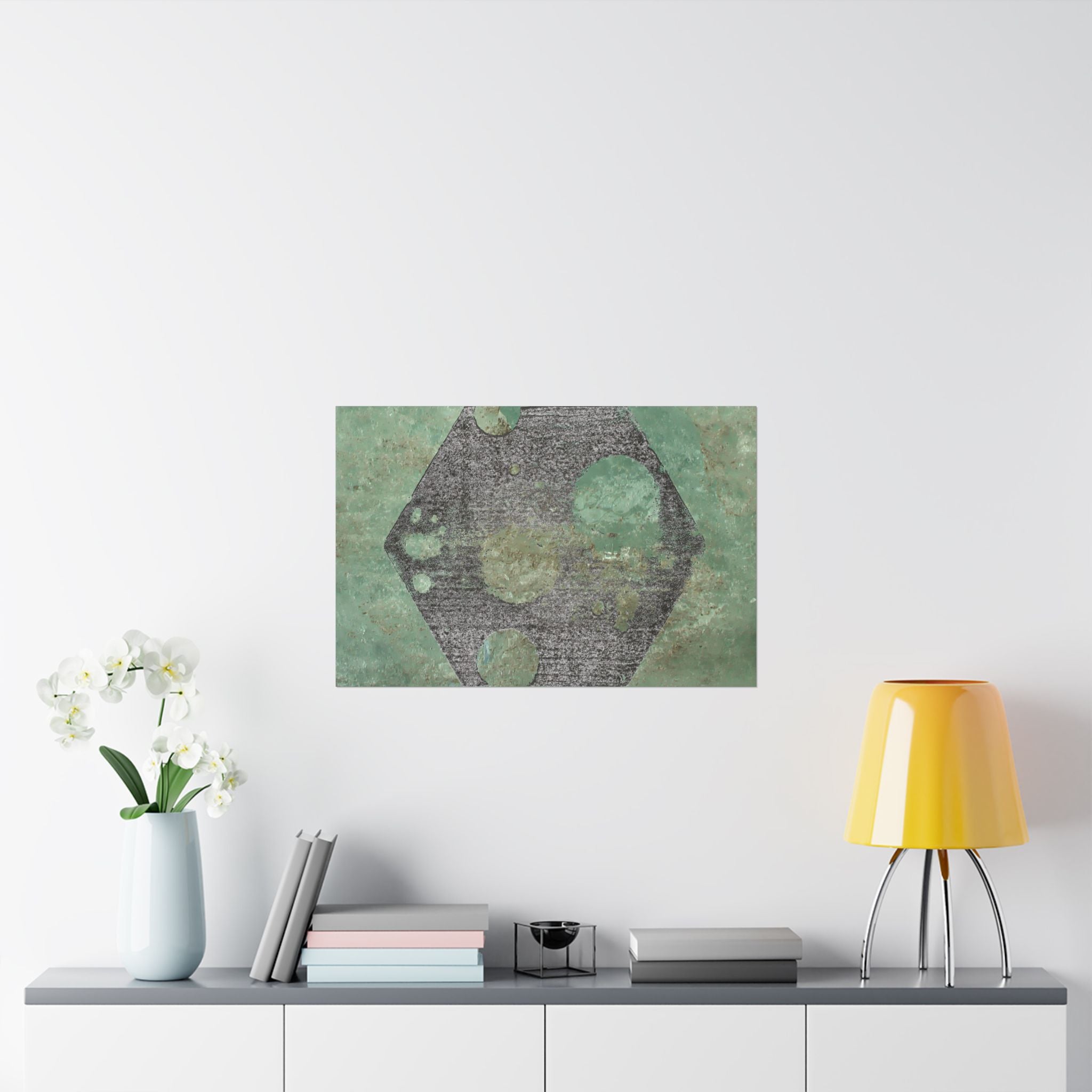 Geometric Hexagon Moon Art Matte Horizontal Poster | Green Abstract Celestial Print