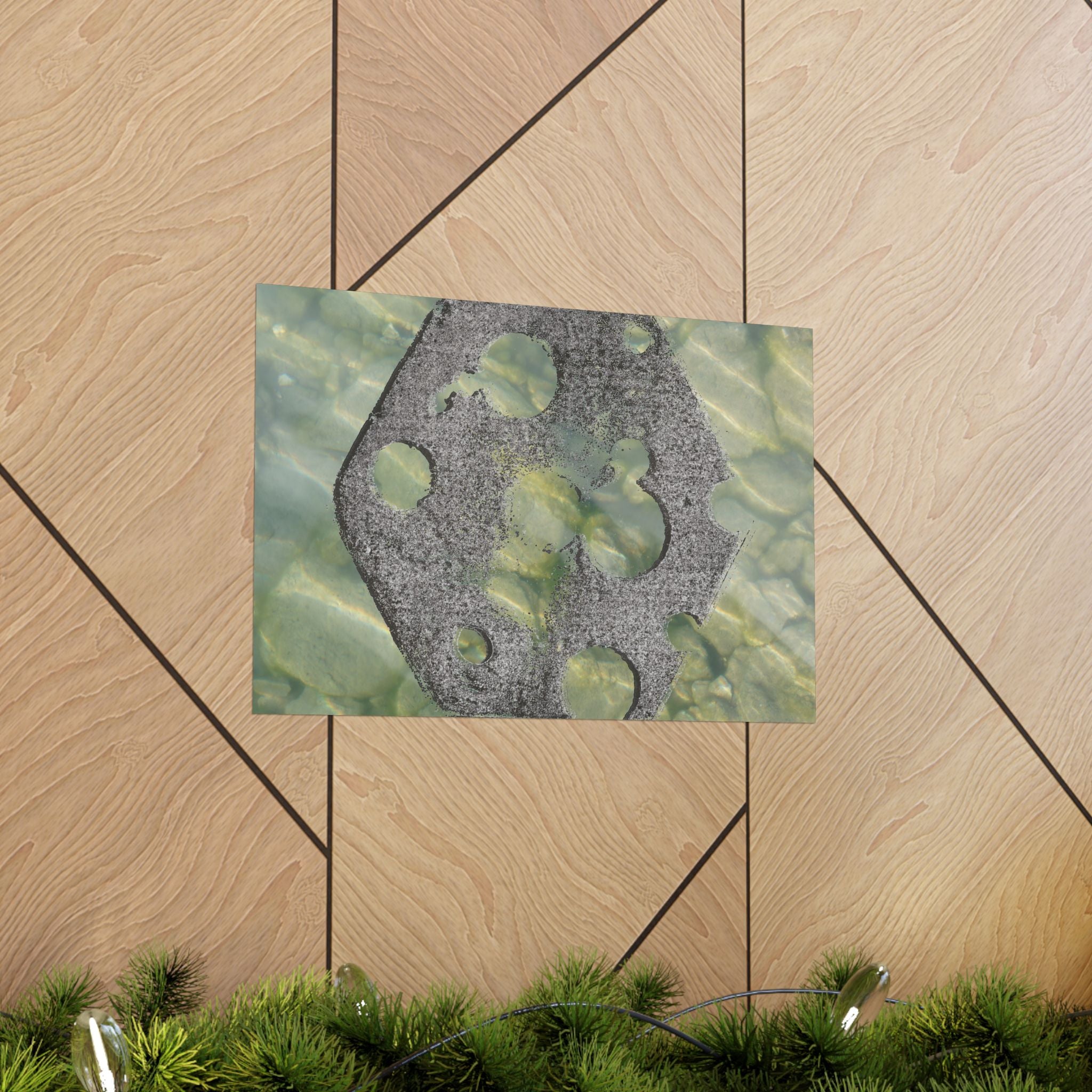 Abstracte poster met zeegras en steen, matte afwerking, horizontaal — Muurdecoratie met kusttextuur 