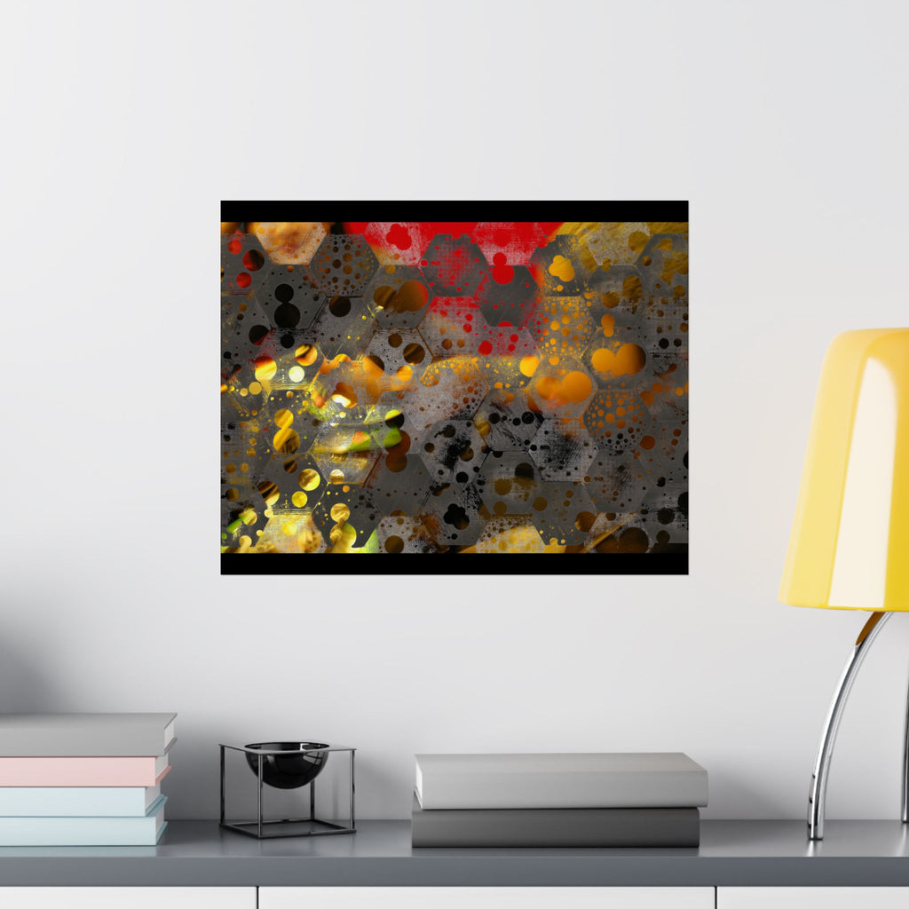 Abstracte matte poster met honingraatpatroon — Geometrische kunst in warme goud- en roesttinten 