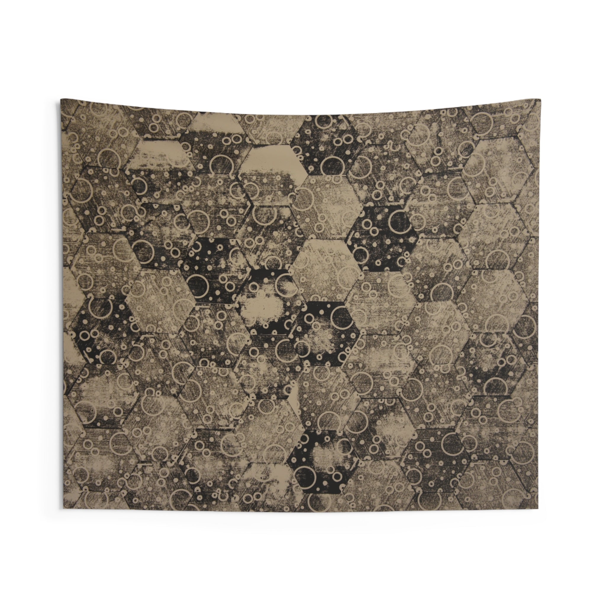 Hexagon Bubble Pattern Wall Tapestry — Vintage Sepia Geometric Decor