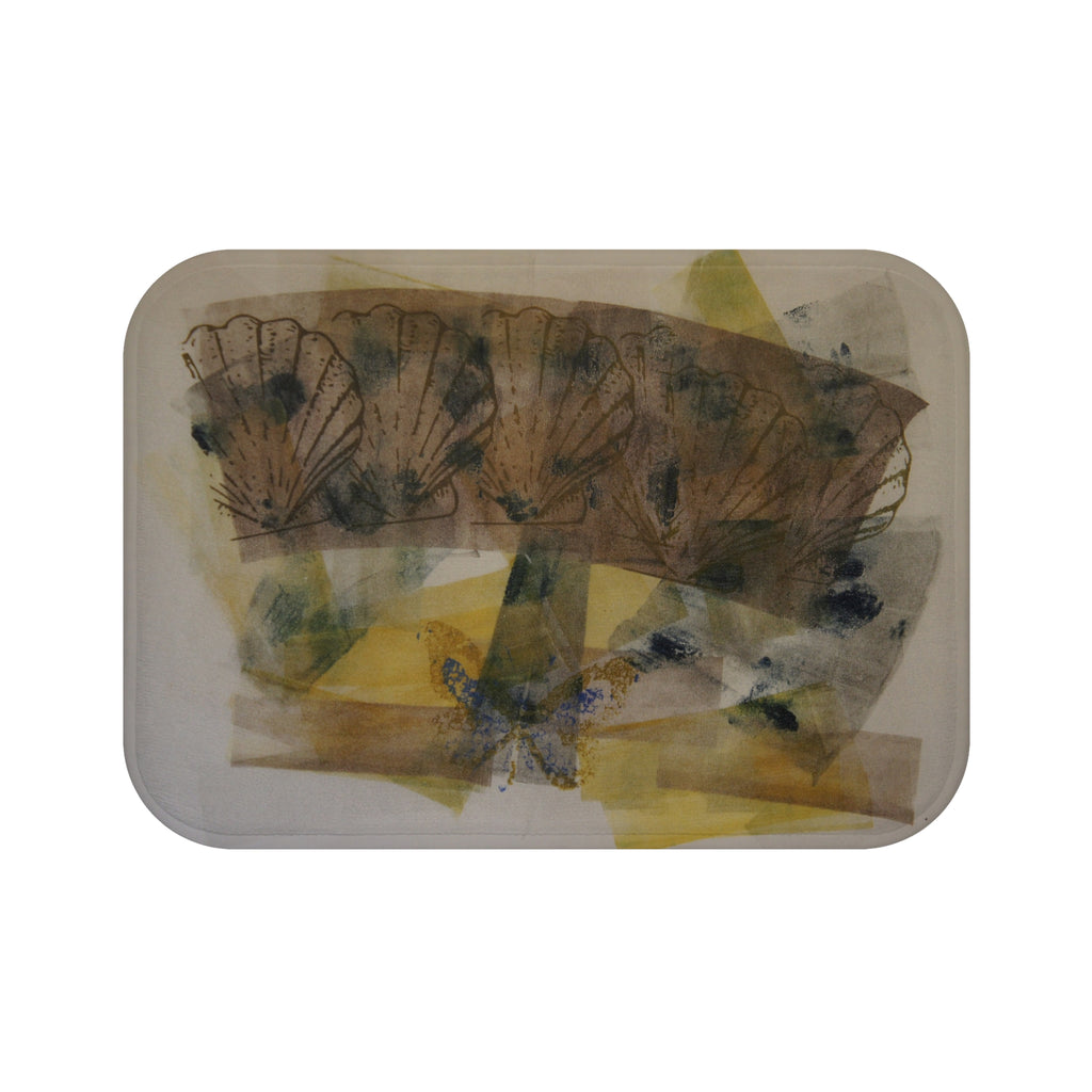 Abstract Botanical Bath Mat — Soft Yellow & Earth Tone Floral Design