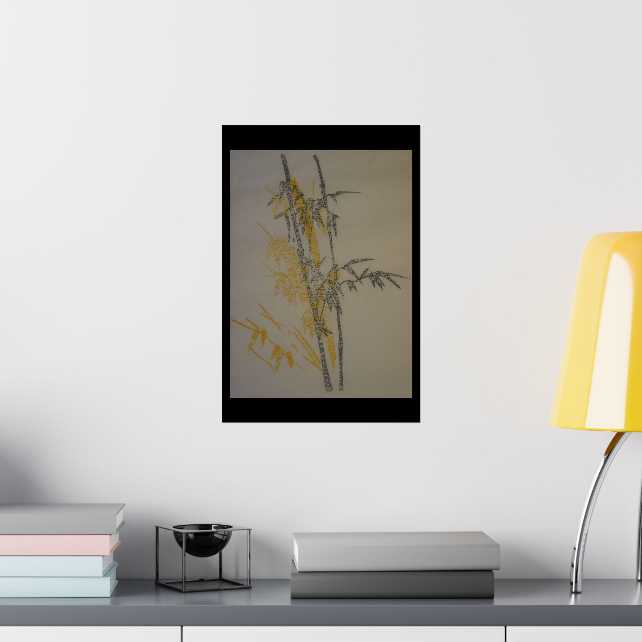 Botanical Bamboo Art Poster — Minimalist Yellow & Gray Matte Vertical Print
