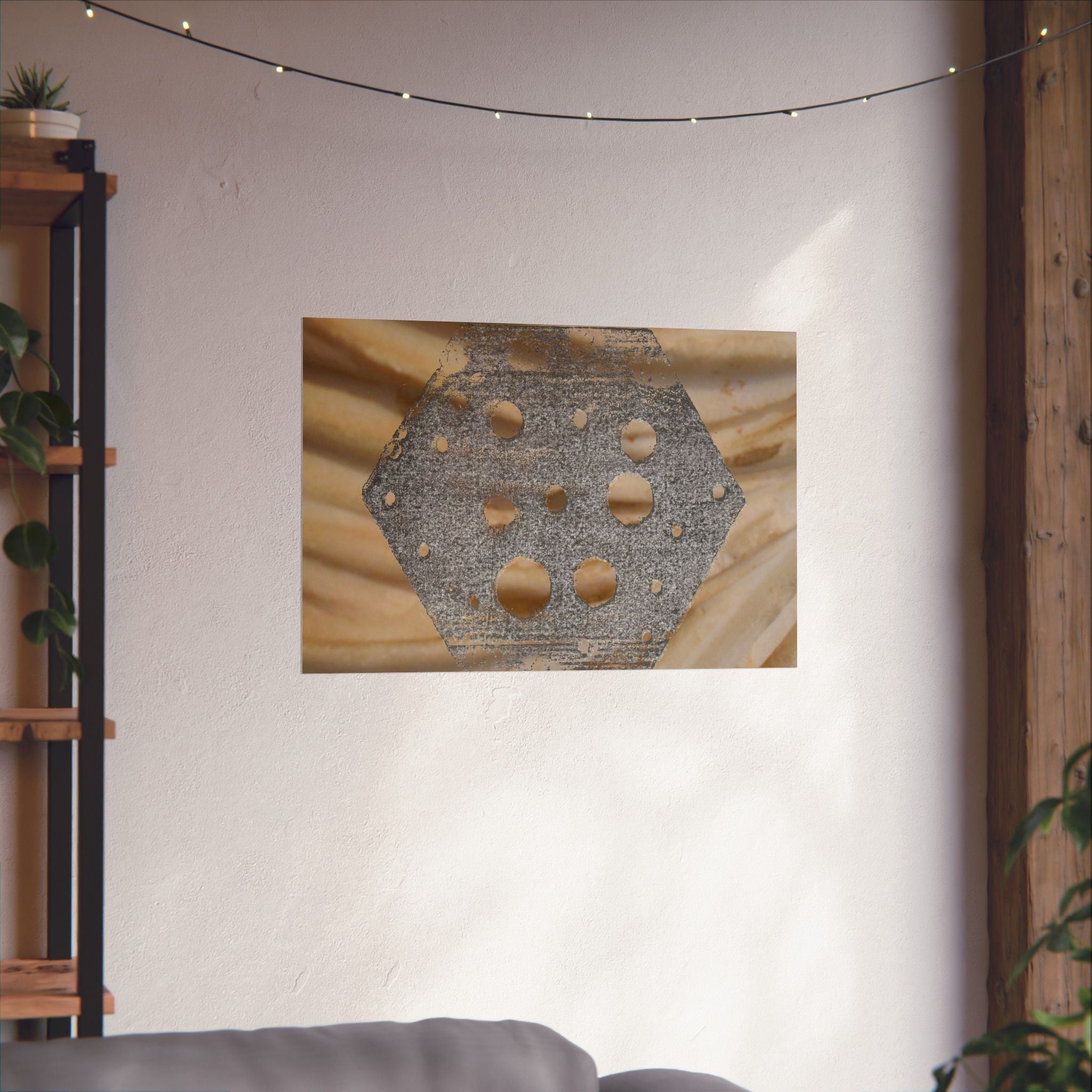 Abstracte zeshoekige uitgesneden matte horizontale poster — Neutrale beige textuur muurdecoratie 