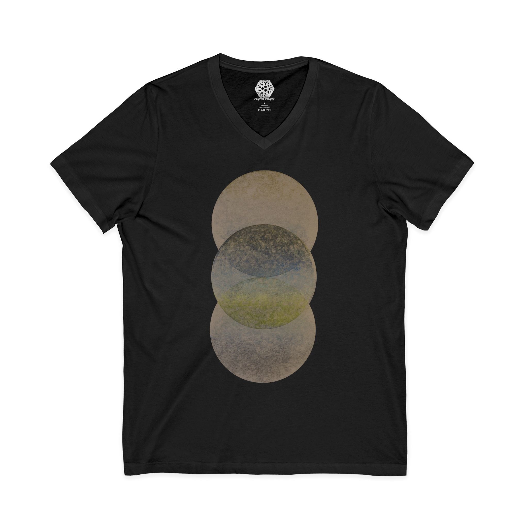 Geometric Moon Phase V-Neck Tee — Minimalist Overlap Circle Design