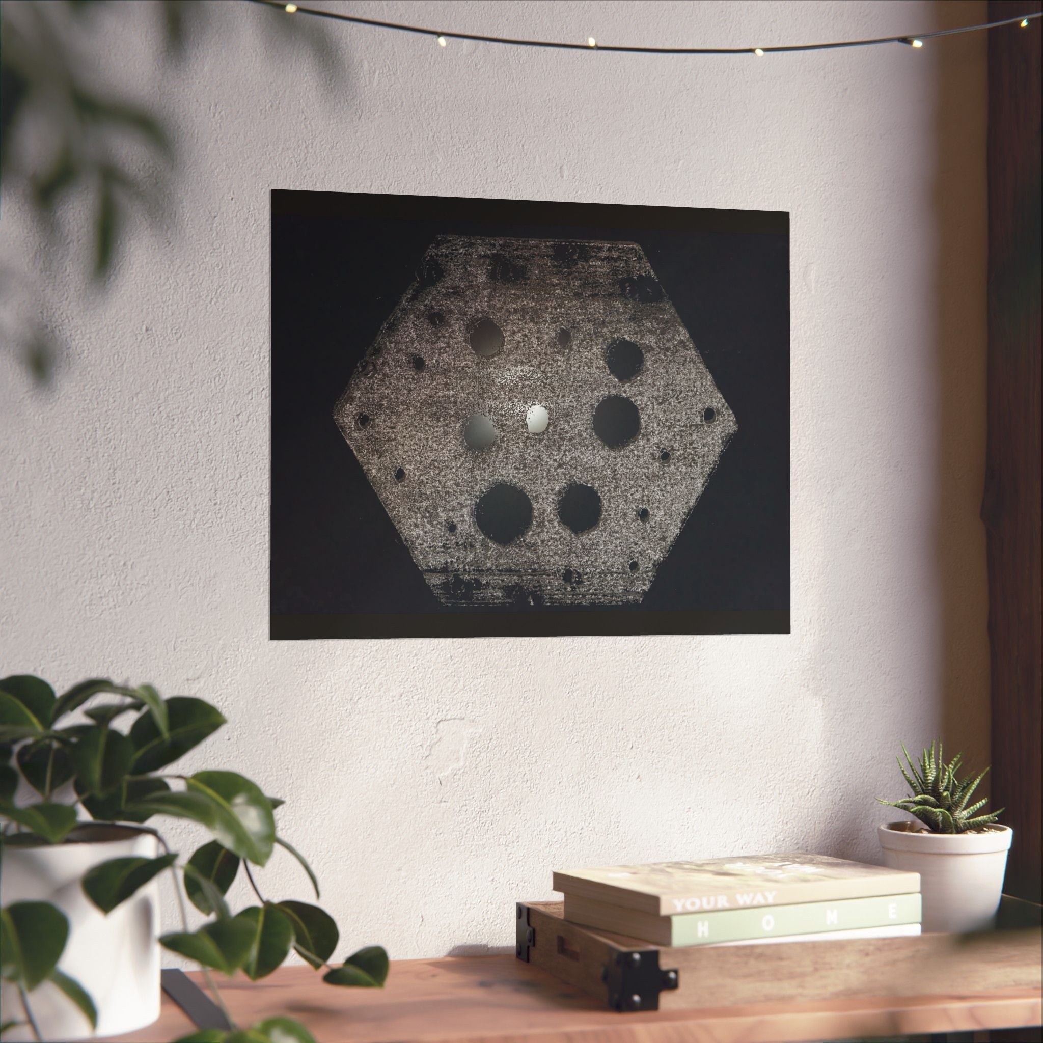 Abstract Hexagon Poster — Minimal Black & Gray Matte Horizontal Wall Art