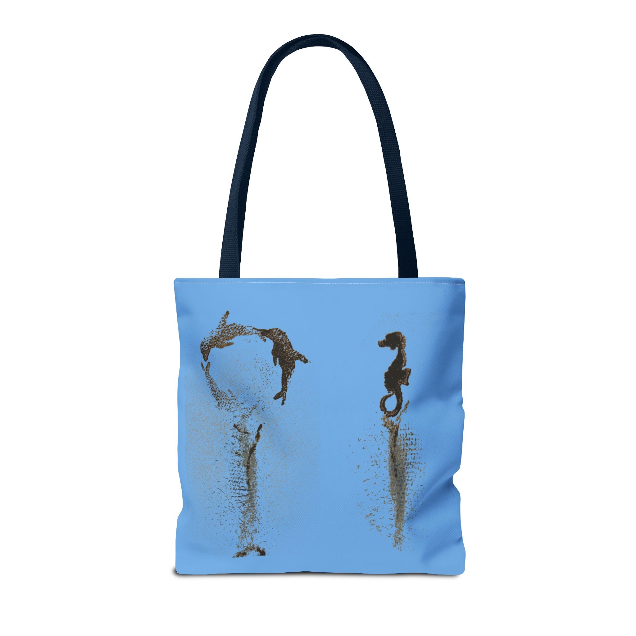Blue Sea Life Tote Bag — Sand Art Seahorse & Coral All-Over Print