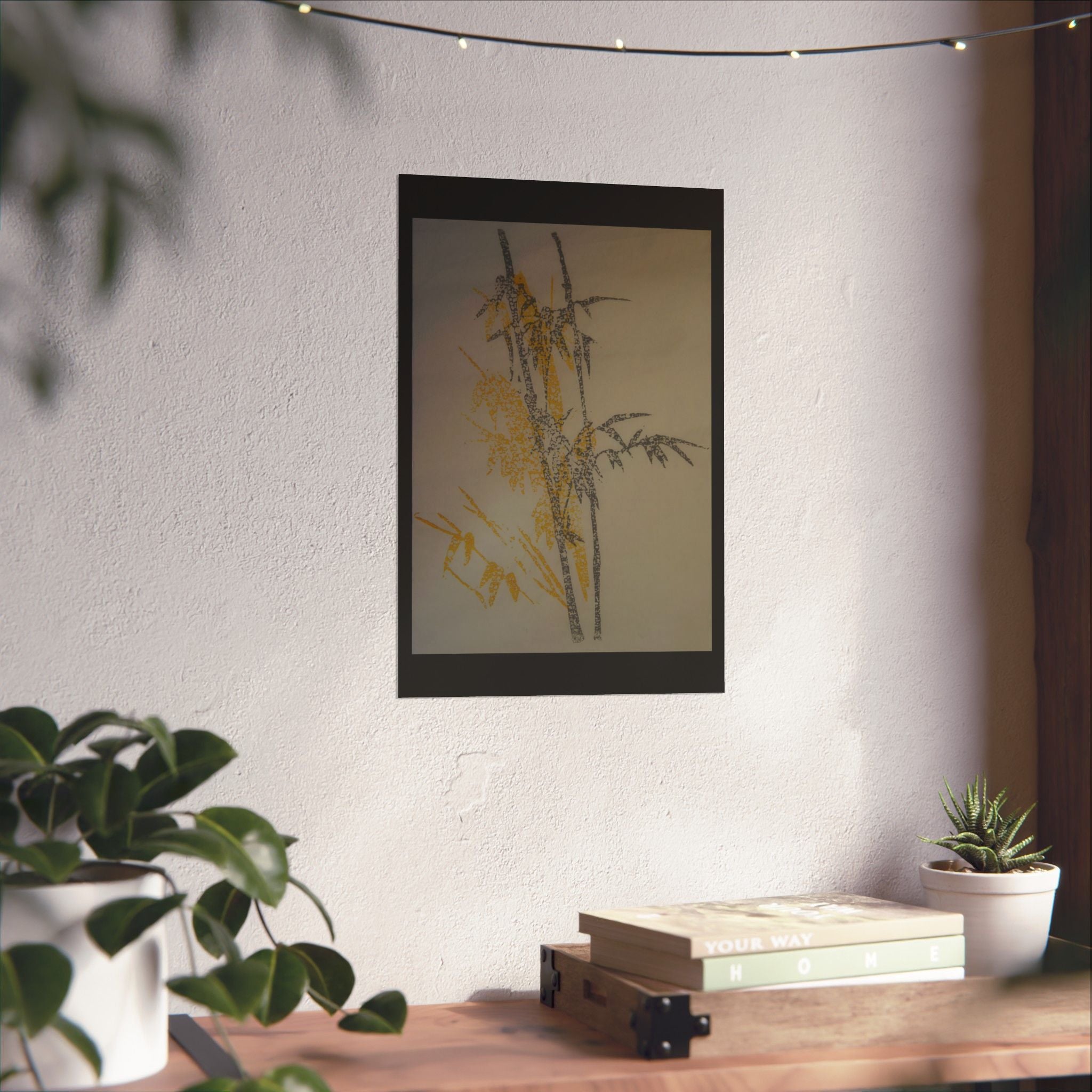 Botanical Bamboo Art Poster — Minimalist Yellow & Gray Matte Vertical Print