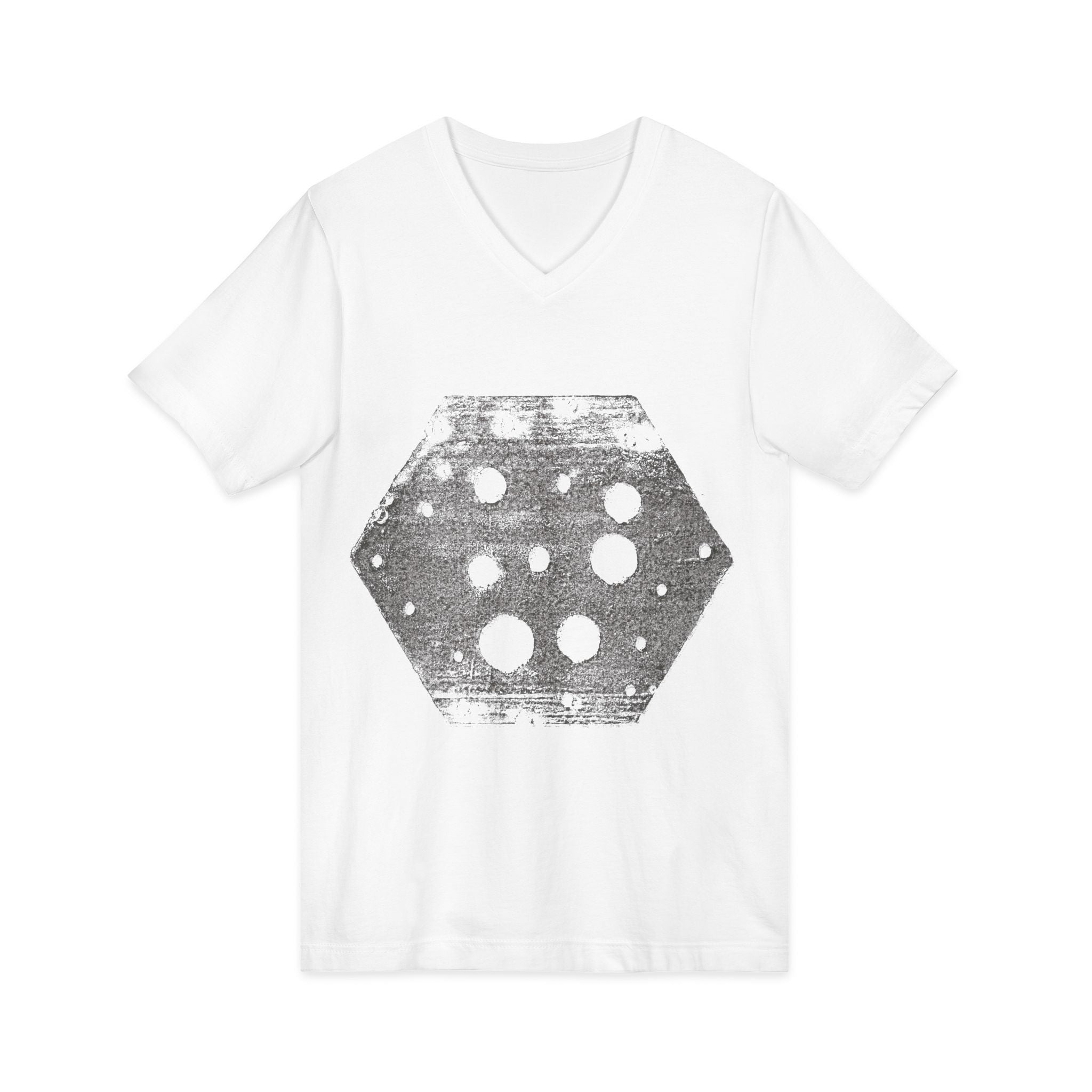 Hex Moon Graphic Tee Design Hex11 — Een vintage T-shirt met V-hals en een verweerde Space Cheese-look, geïnspireerd op astronomie.