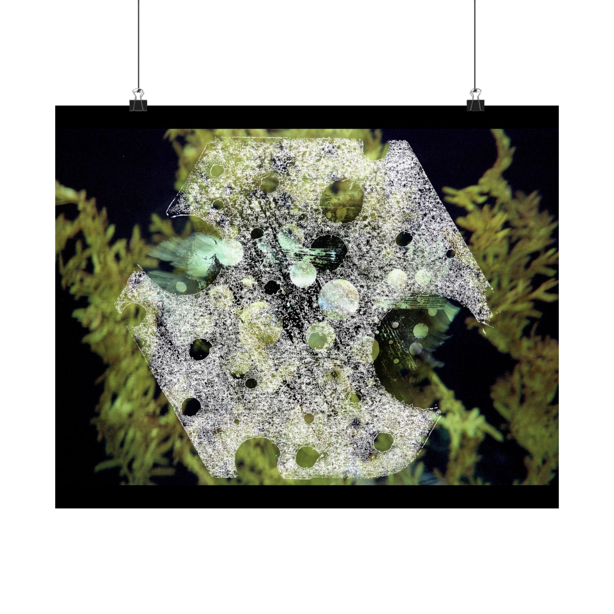 Abstracte natuurposter, mat, horizontaal, met mos- en steentextuur. 