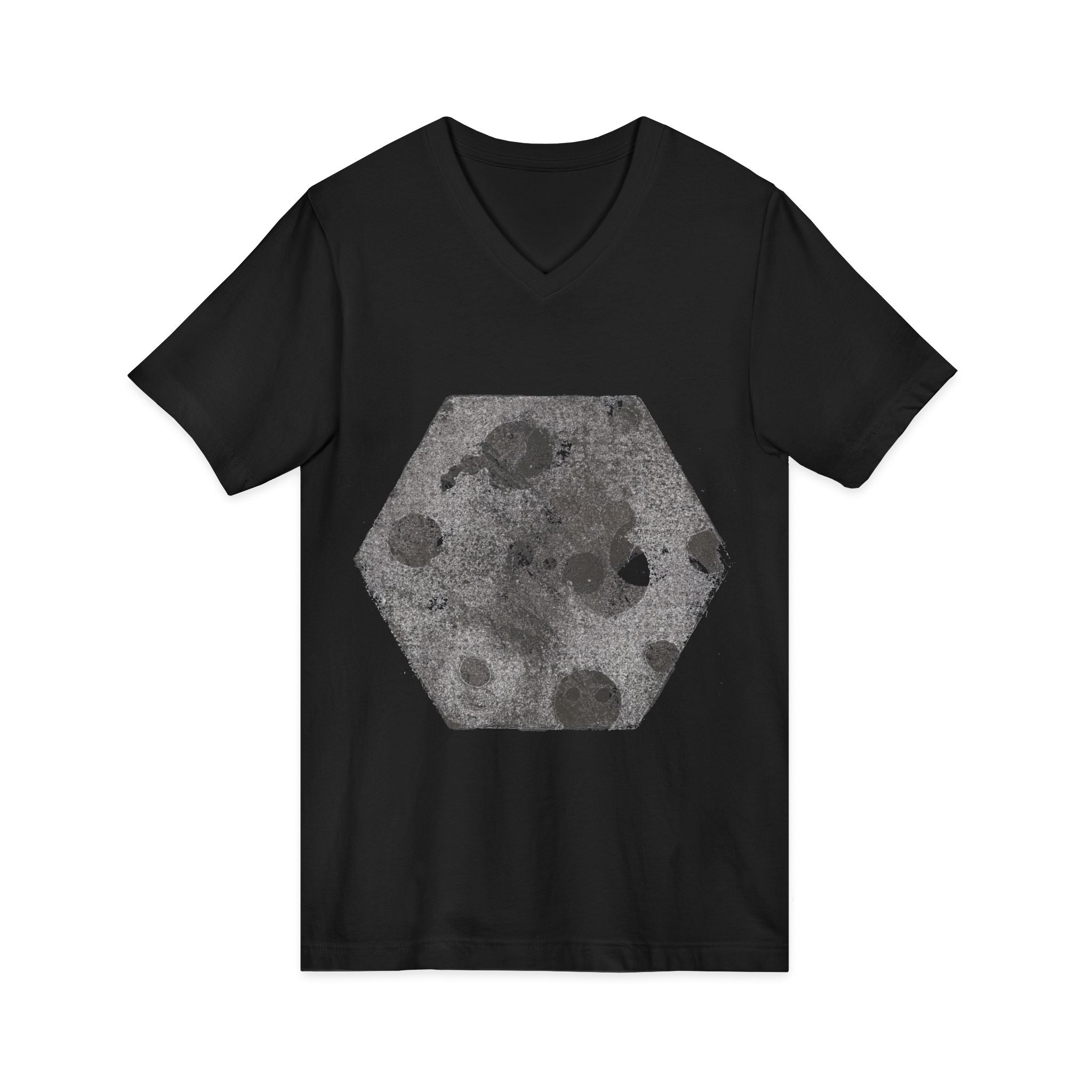 Hex Moon Graphic Tee Design Hex14 — Een vintage T-shirt met V-hals en een verweerde Space Cheese-look, geïnspireerd op astronomie.