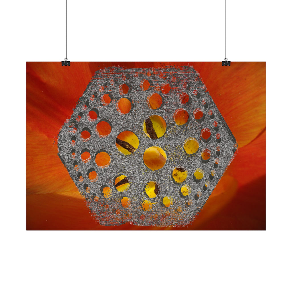 Abstracte poster met zeshoekig gatenpatroon | Oranje bloemenachtergrond 