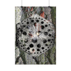 Abstracte natuurmandala poster — Zwart-wit paddenstoelenkunst op boomschors (verticale poster) 