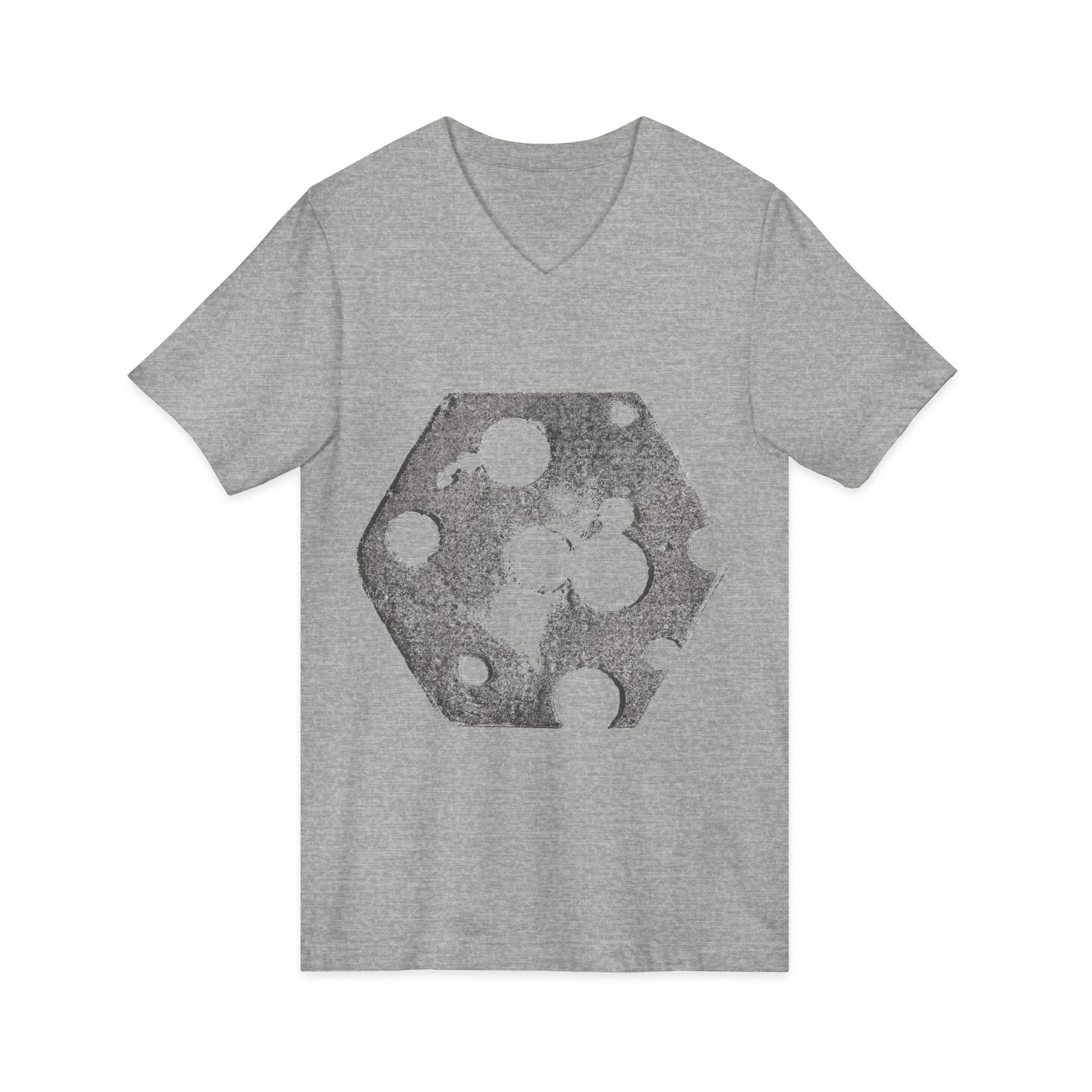 Hex Moon Graphic Tee Design Hex12 — Een vintage T-shirt met V-hals en een verweerde Space Cheese-look, geïnspireerd op astronomie.
