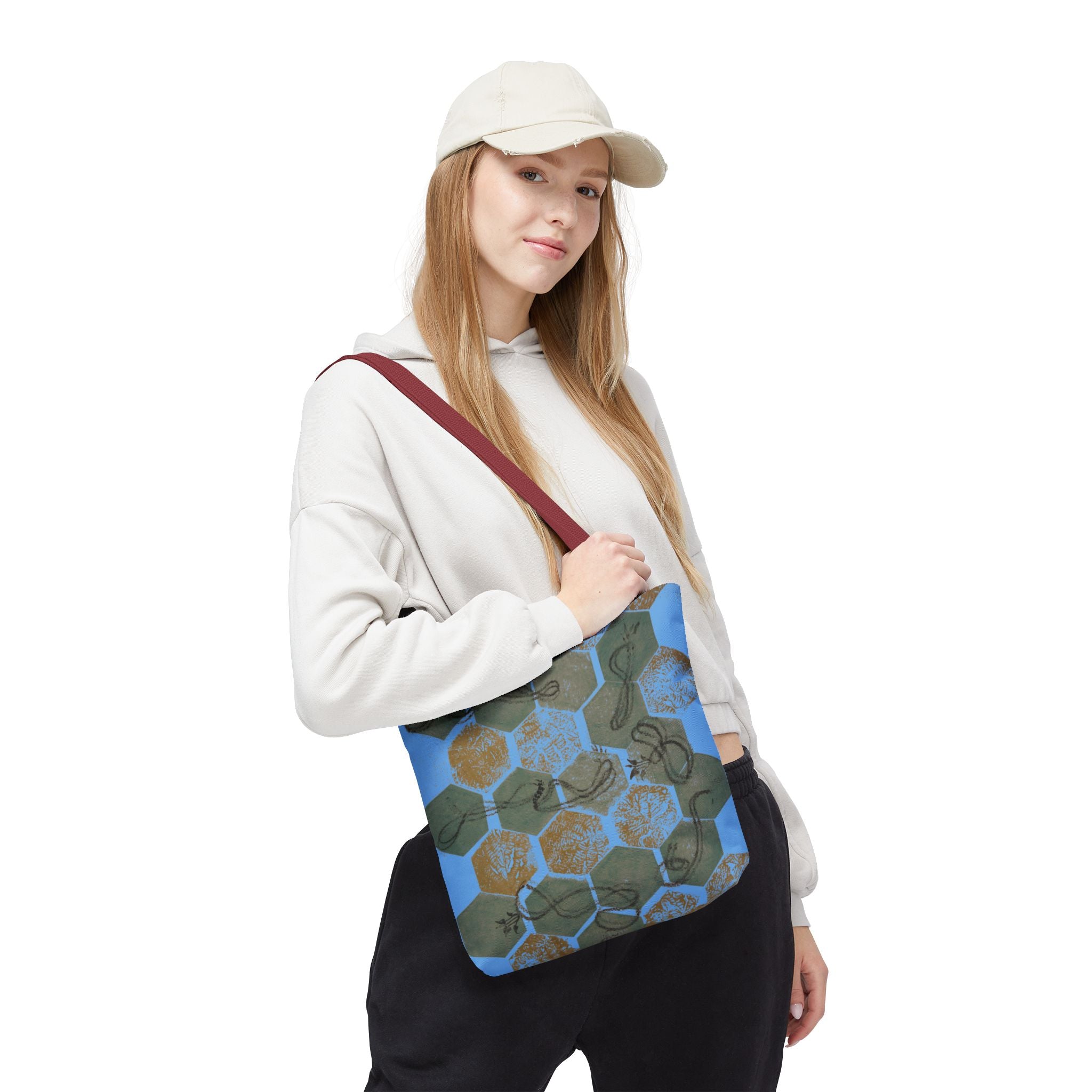 Hexagon Honeycomb Tote Bag — Blue Botanical Pattern AOP