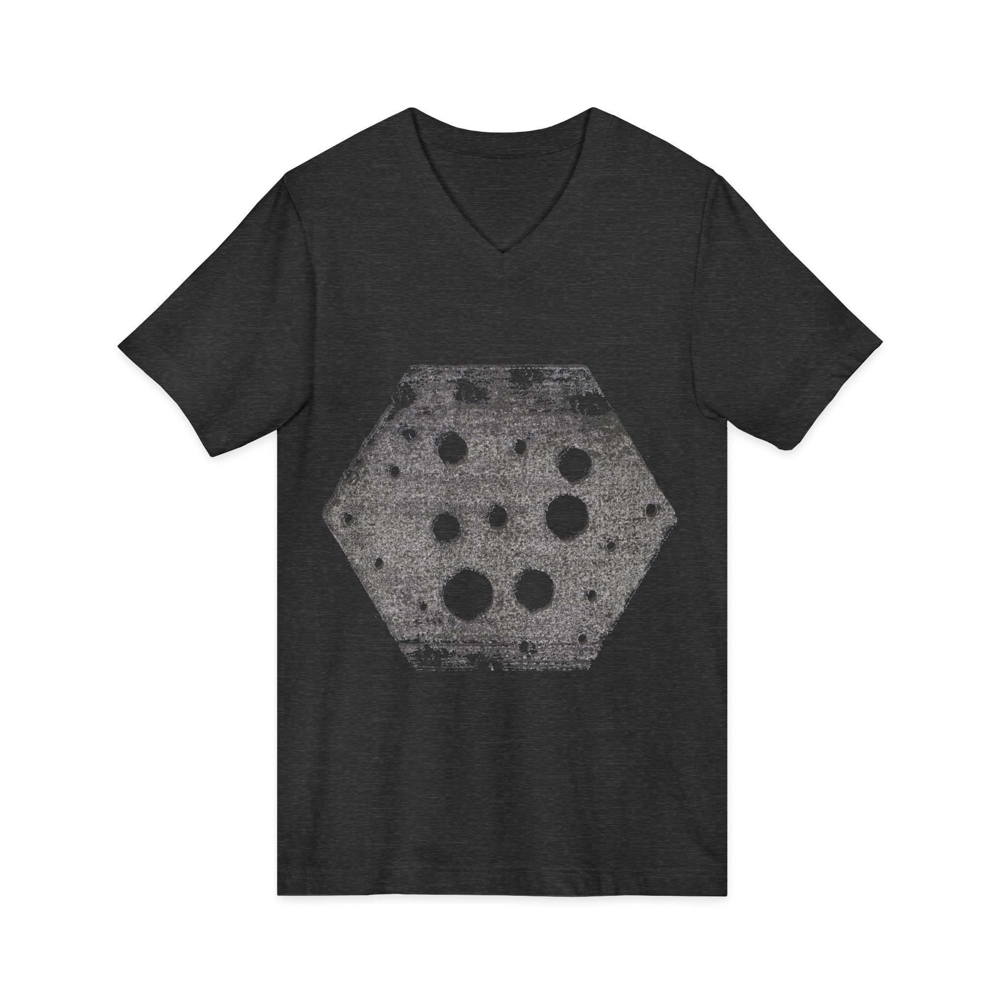 Hex Moon Graphic Tee Design Hex11 — Een vintage T-shirt met V-hals en een verweerde Space Cheese-look, geïnspireerd op astronomie.