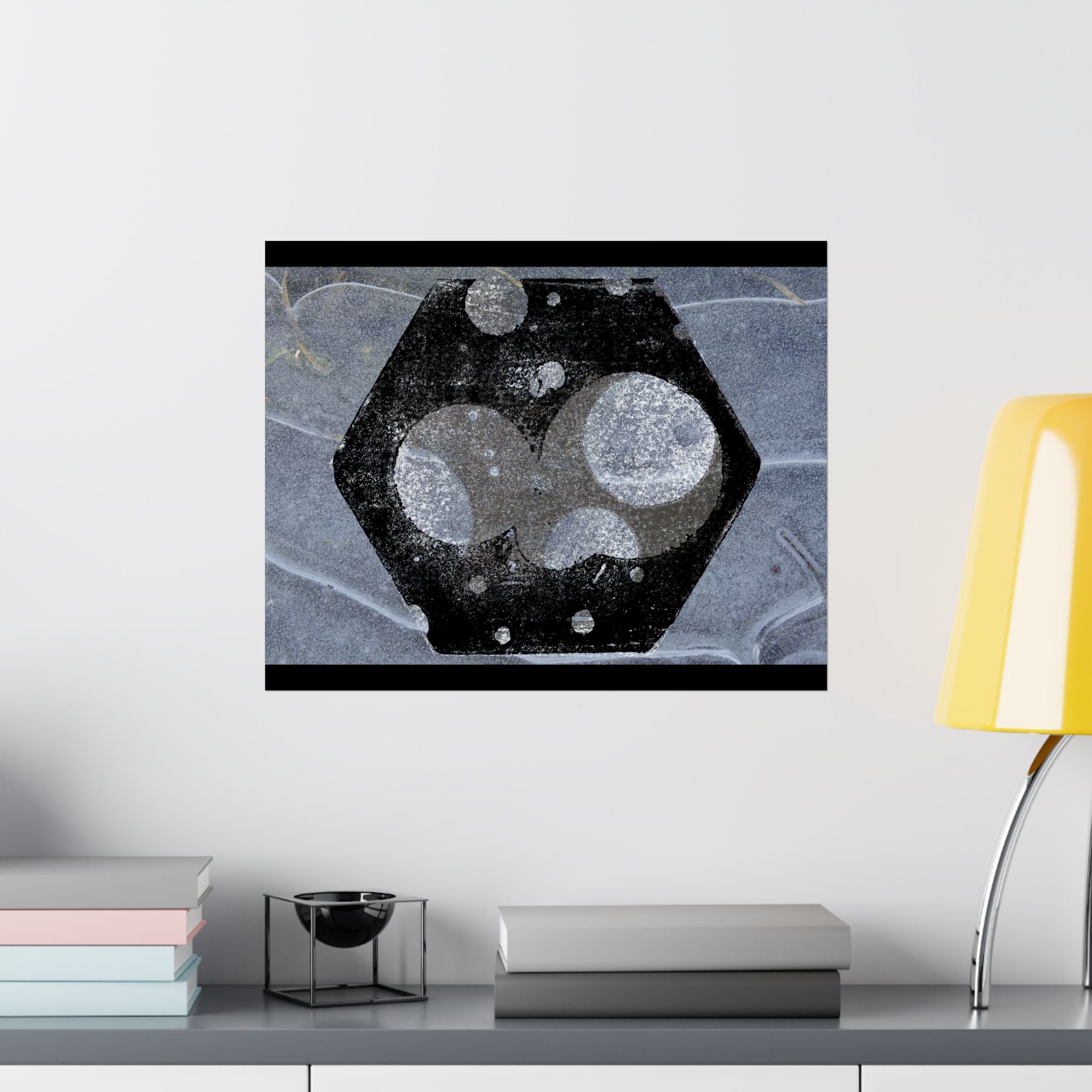 Abstract Hexagon Planet Matte Poster — Industrial Black & Gray Wall Art