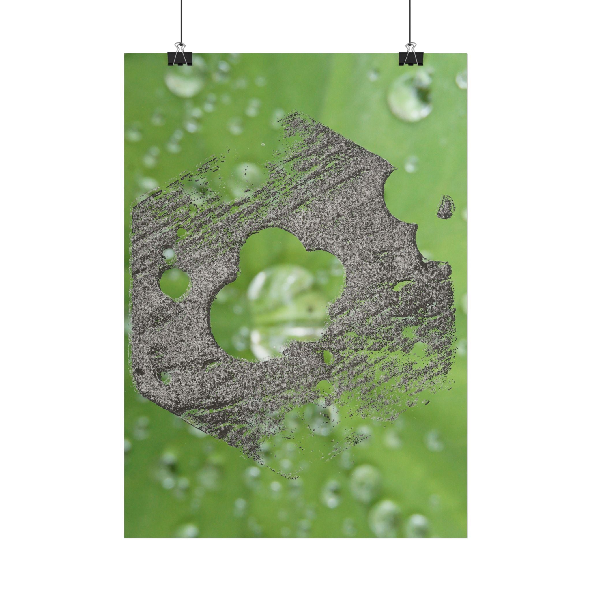 Poster met waterdruppels en bladmotief en houtstructuur | Verticale poster 