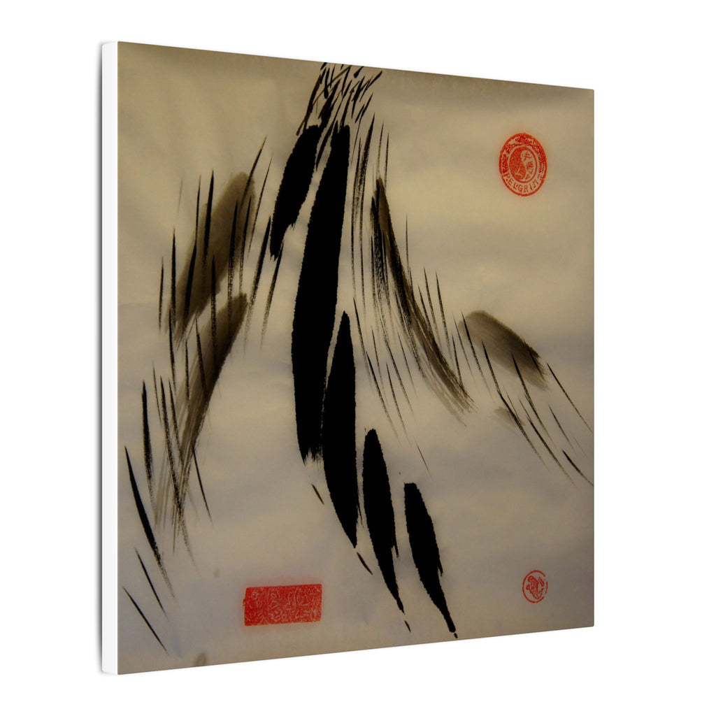Abstracte wanddecoratie op canvas met inktpenseel — minimalistische Aziatische kalligrafiestijl 