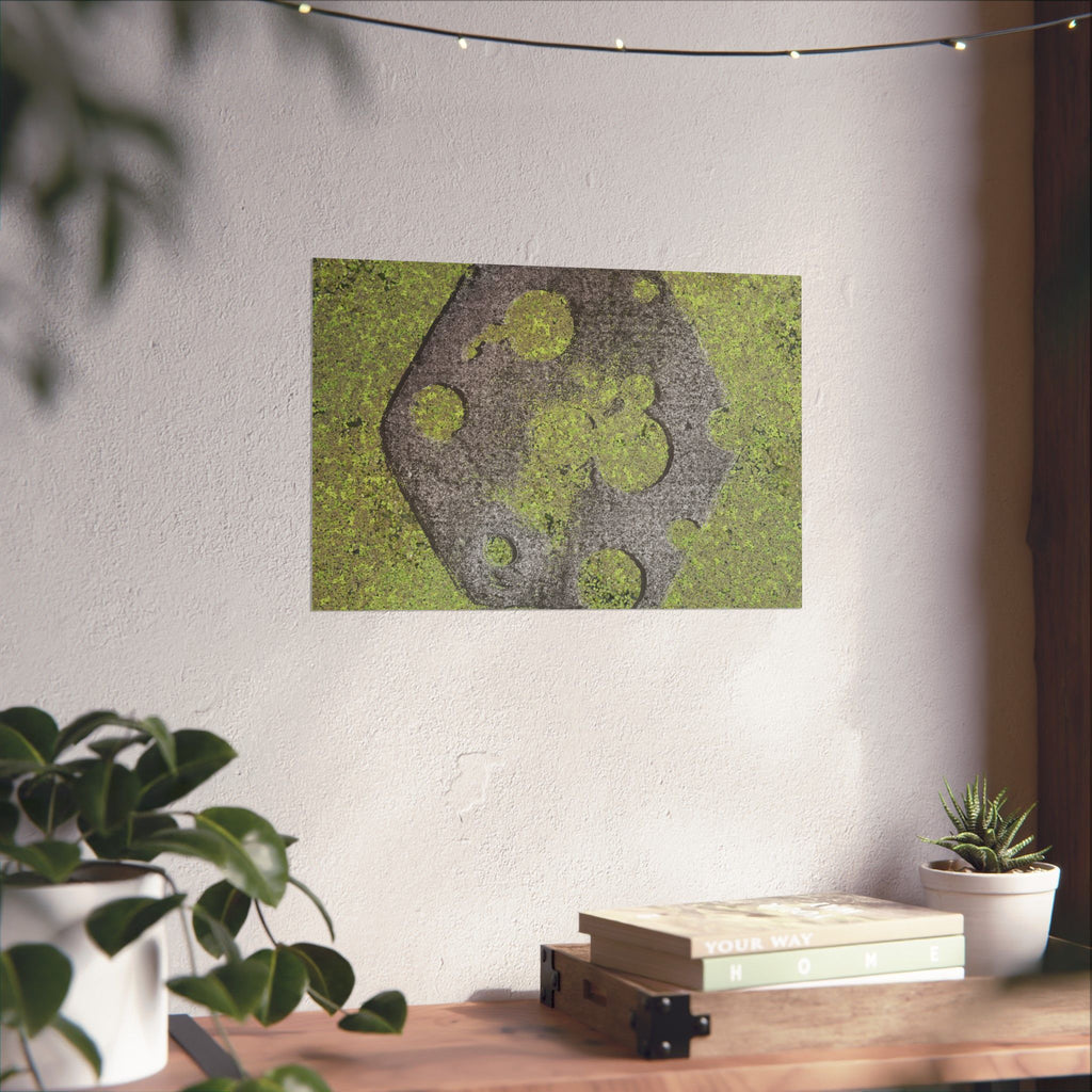 Matte horizontale poster met mosbegroeide maankrater — Botanisch groene maanwanddecoratie 