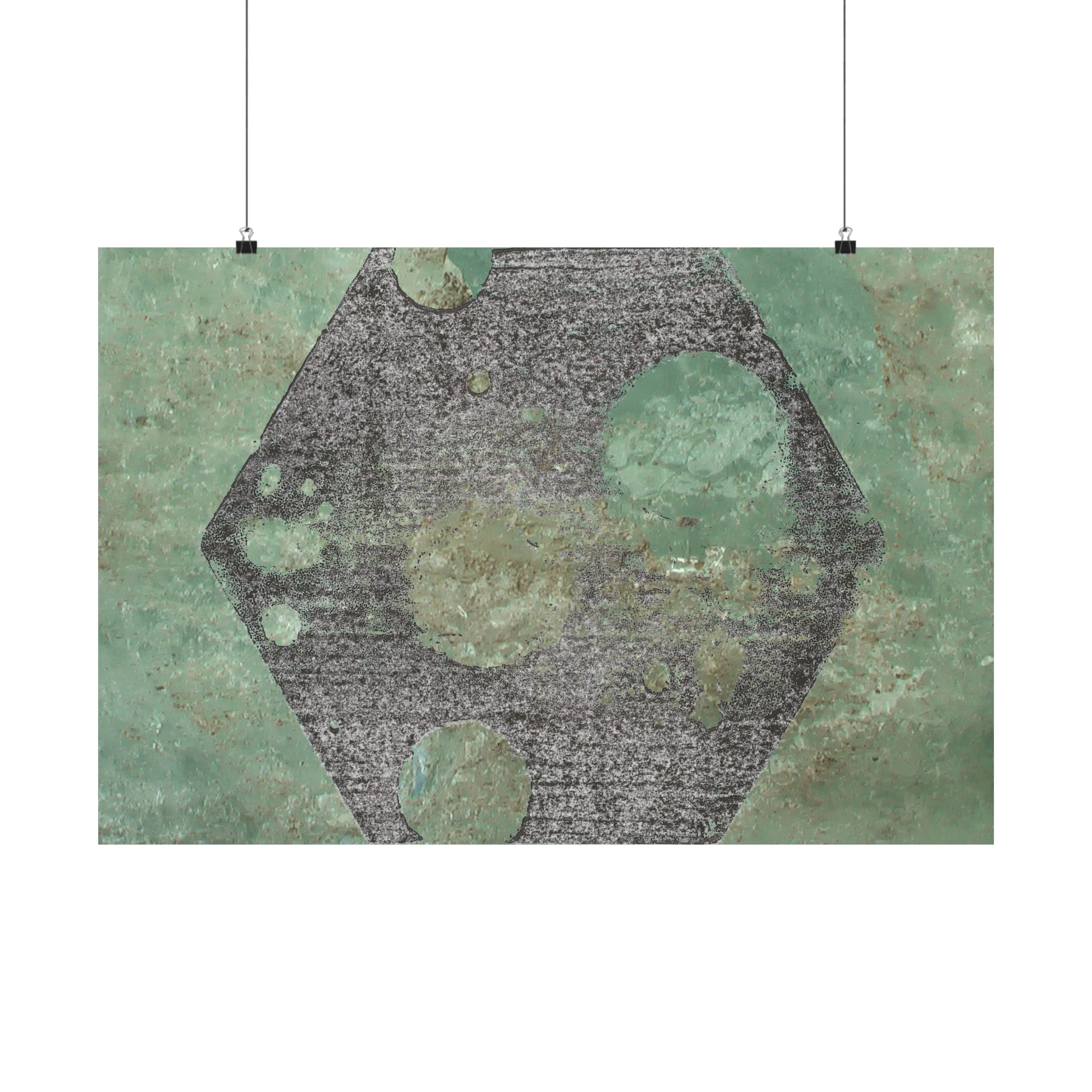 Geometrische zeshoekige maan kunst matte horizontale poster | Groene abstracte hemelprint 