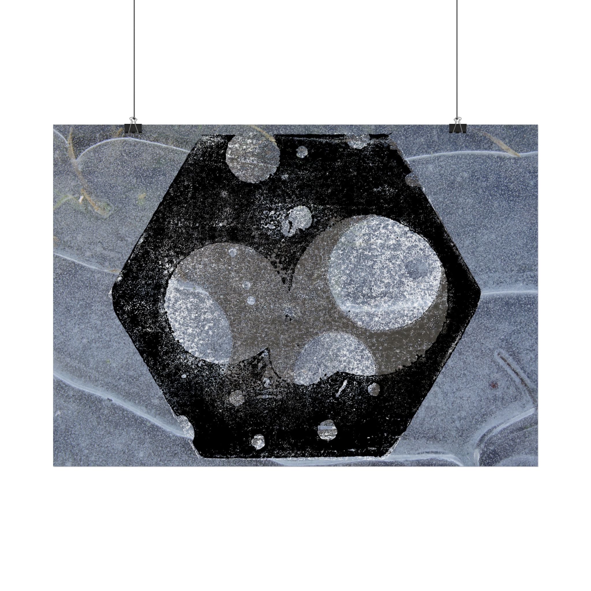 Abstracte zeshoekige planeetposter — Industriële zwart-grijze muurdecoratie 