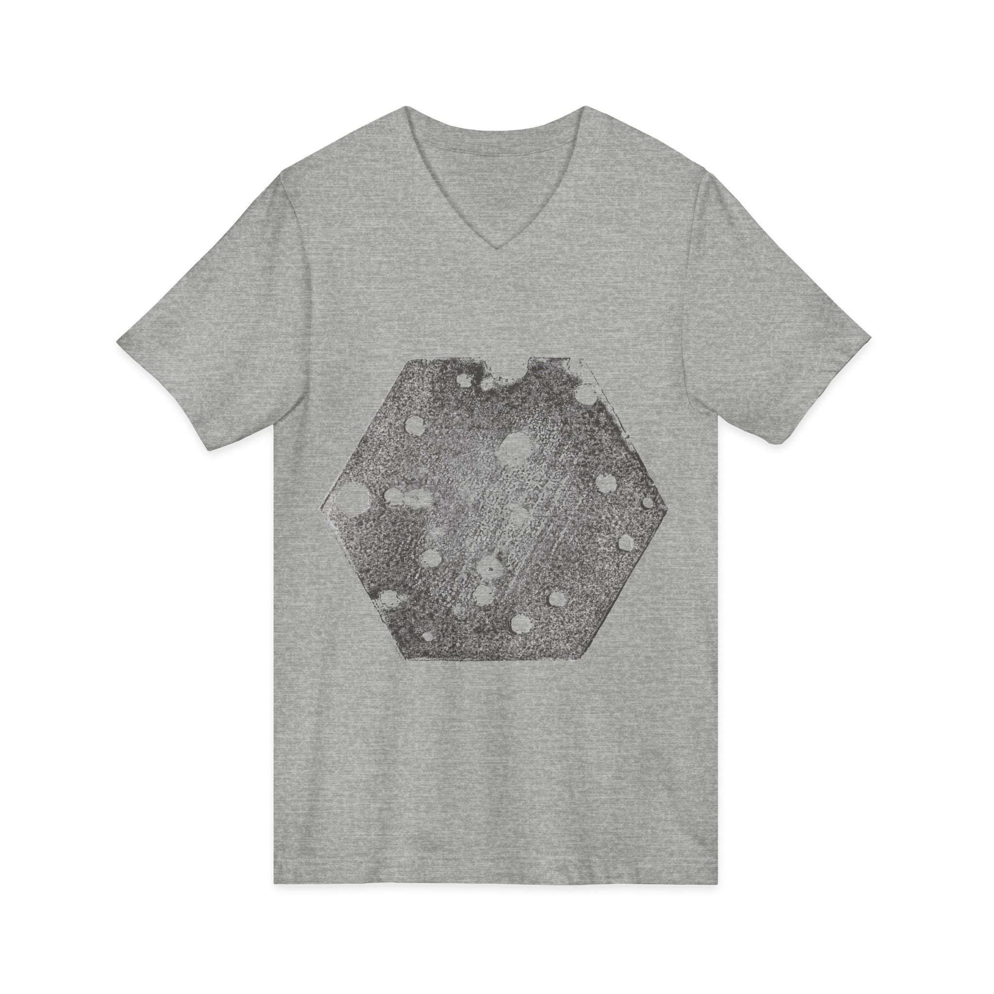 Hex Moon Graphic Tee Design Hex05 — Een vintage T-shirt met V-hals en ruimtekaasmotief, geïnspireerd op astronomie.