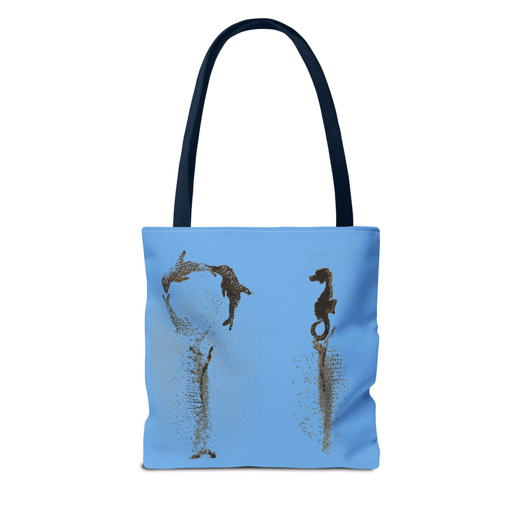 Blue Sea Life Tote Bag — Sand Art Seahorse & Coral All-Over Print