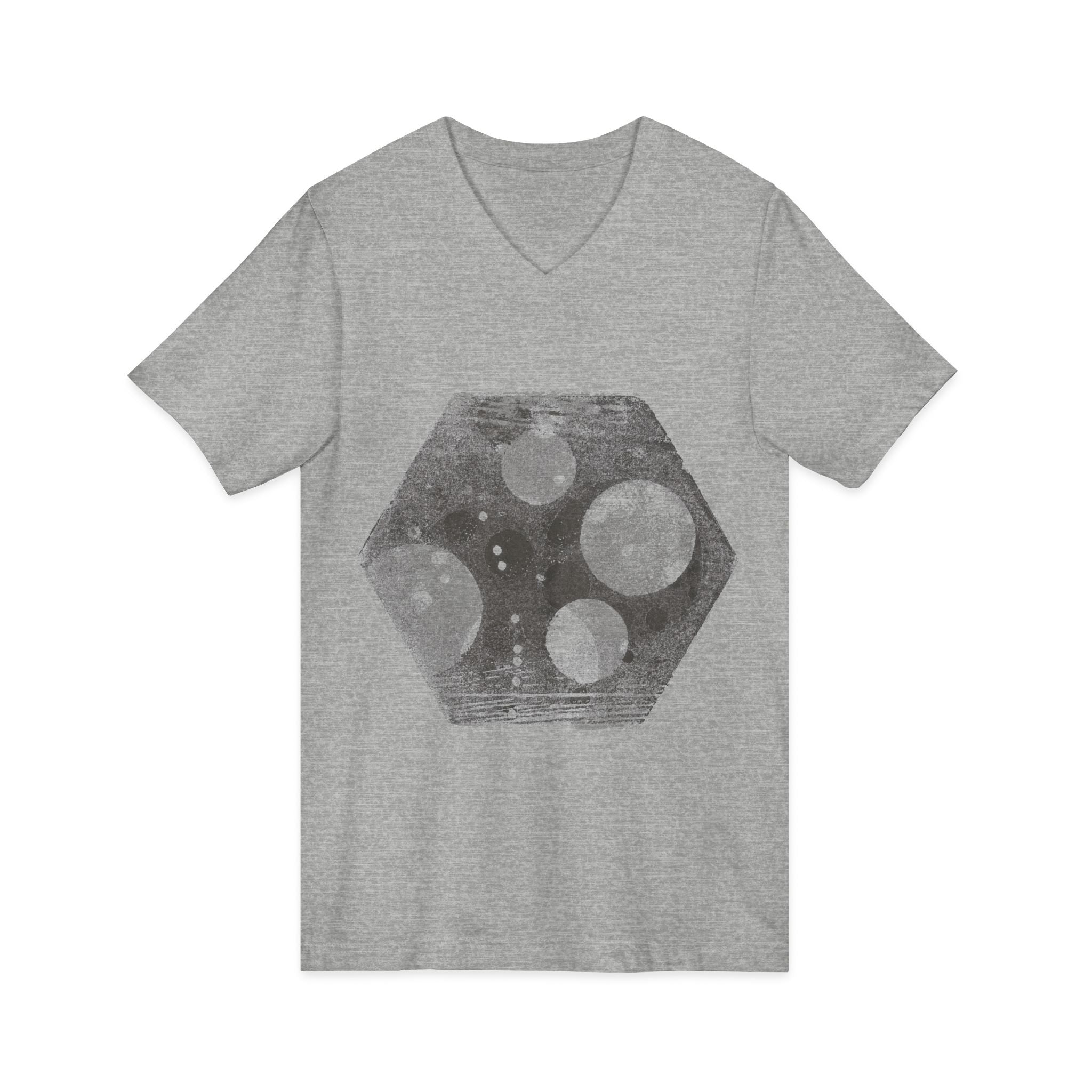 Hex Moon Graphic Tee Design Hex13 — Een vintage T-shirt met V-hals en ruimtekaasmotief, geïnspireerd op astronomie.