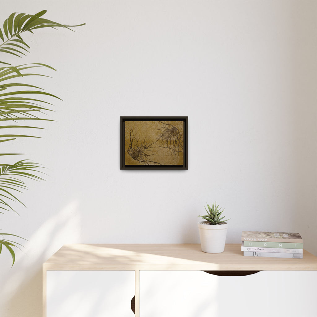 Ingelijste matte canvas kunst, nr. 02 — Reproductie van een houtsnijwerk van Twin Tree (zwart en okerbruin) 