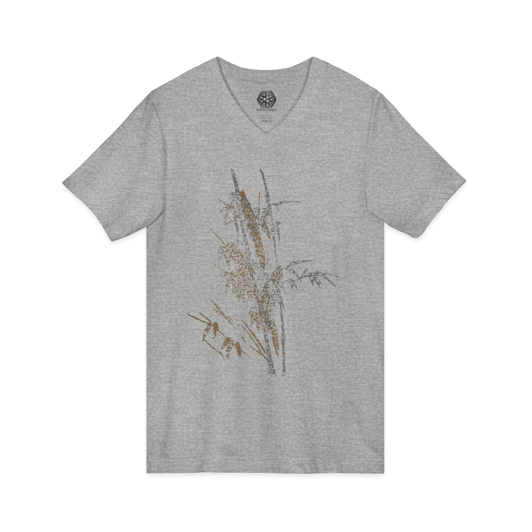 Botanical Grass V-Neck Tee — Minimal Dried Wildflower Illustration Shirt